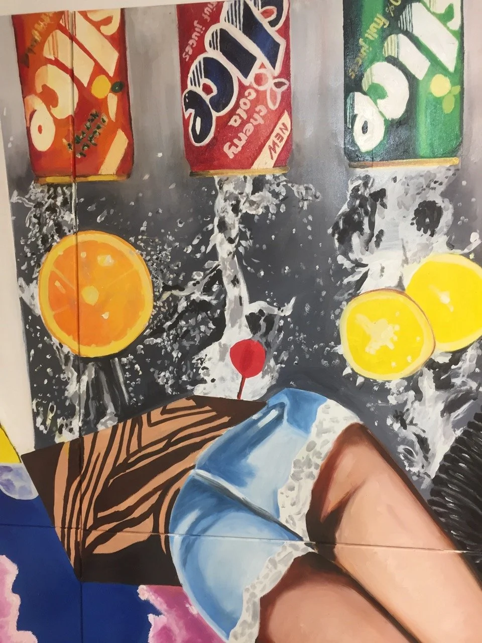 Vibrant artwork showcasing three Slice soda cans pouring liquids, with a woman's lower half in denim shorts and a tiger-print top in the foreground. The background includes splashes of liquid and citrus slices, creating a lively composition.