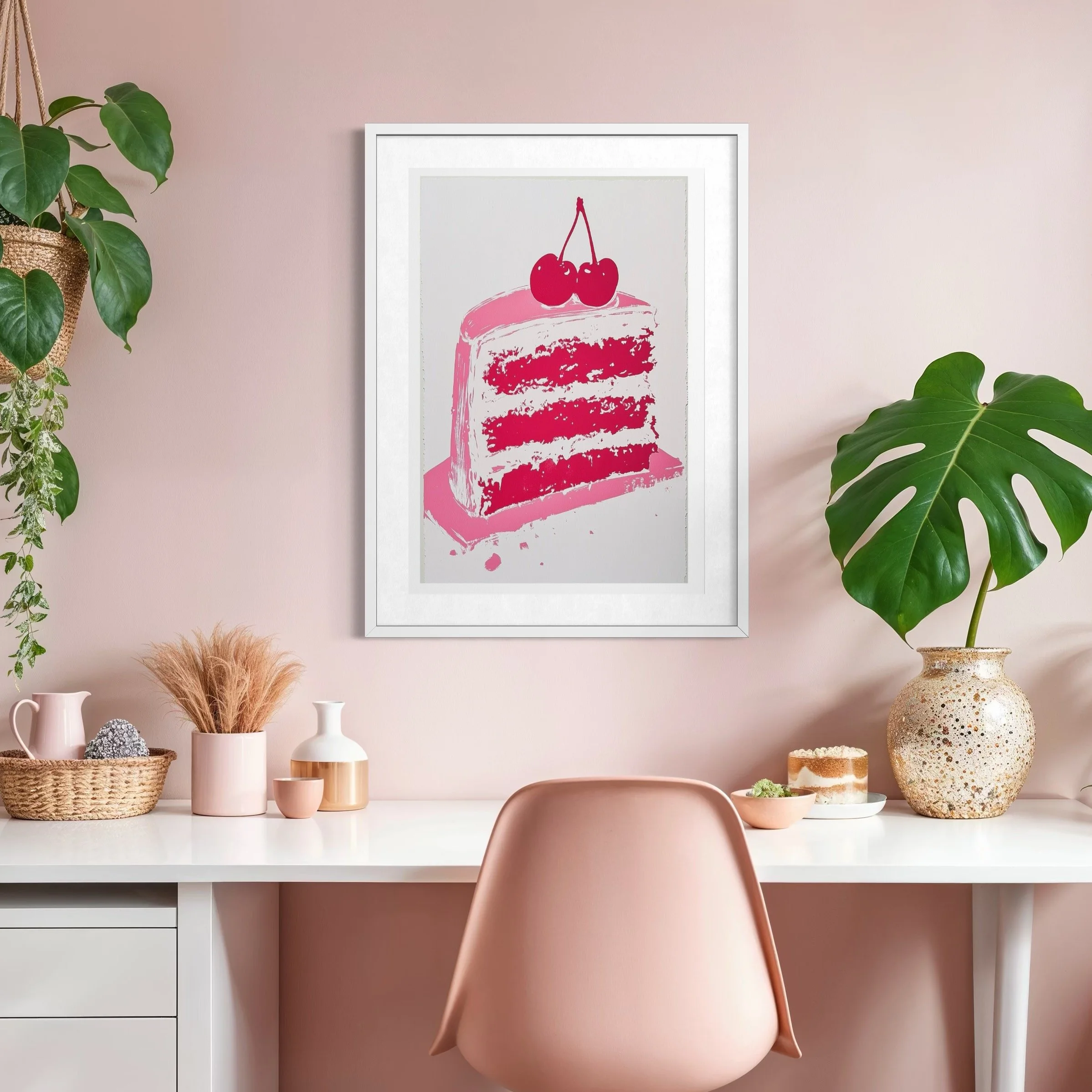 Modern dessert-themed art print with pink layers and cherry topping in bold pop style.