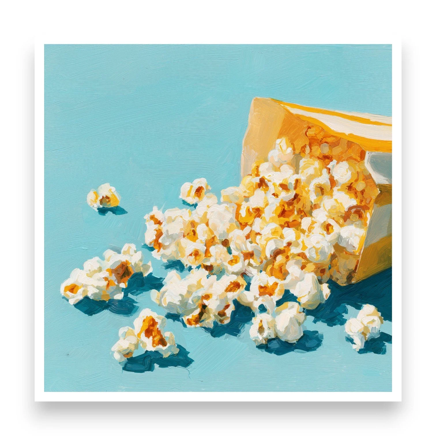 Painting of popcorn spilling from a box onto a blue background in a whimsical still life style.