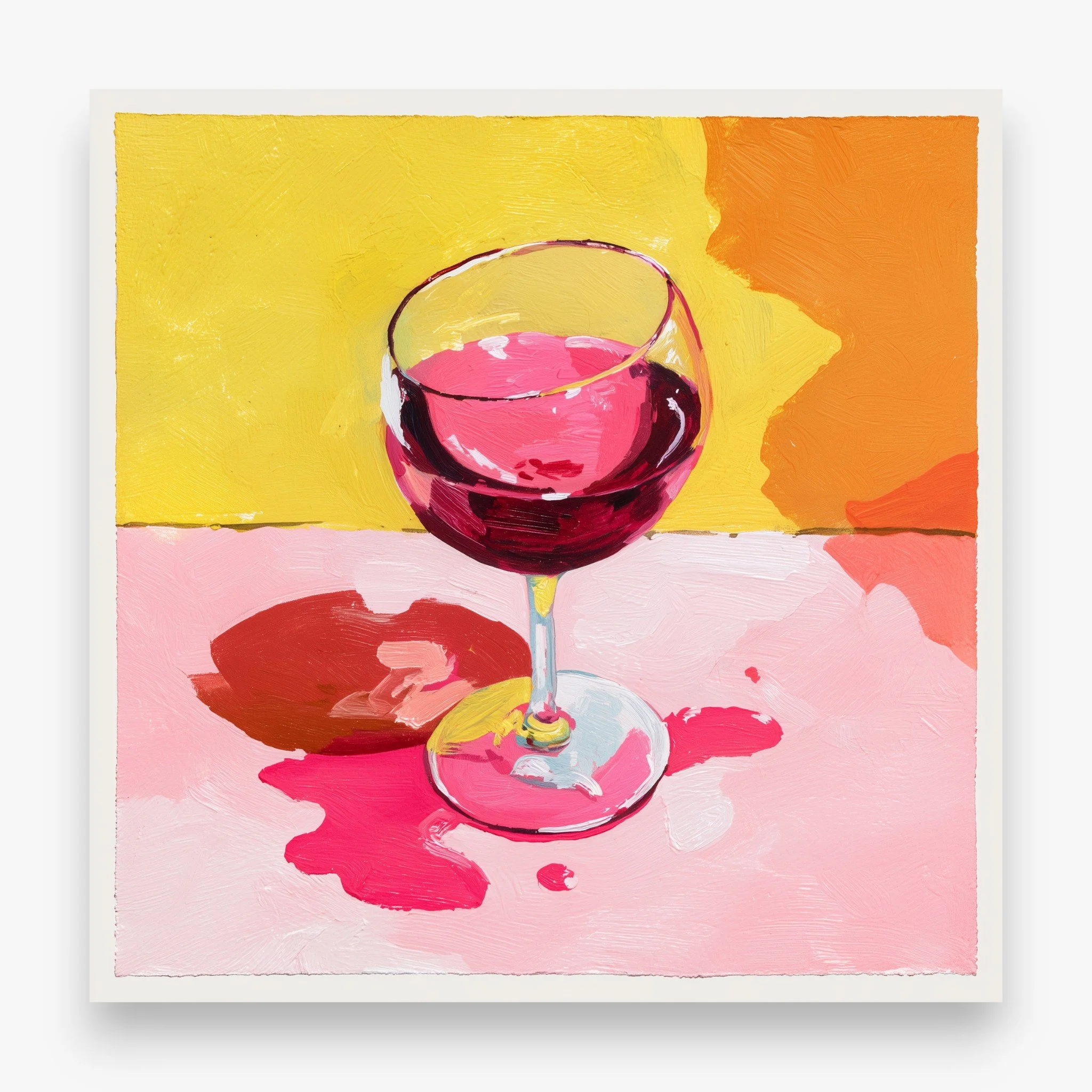 Painting of red wine glass with spill on pink surface, in bold, saturated colors.