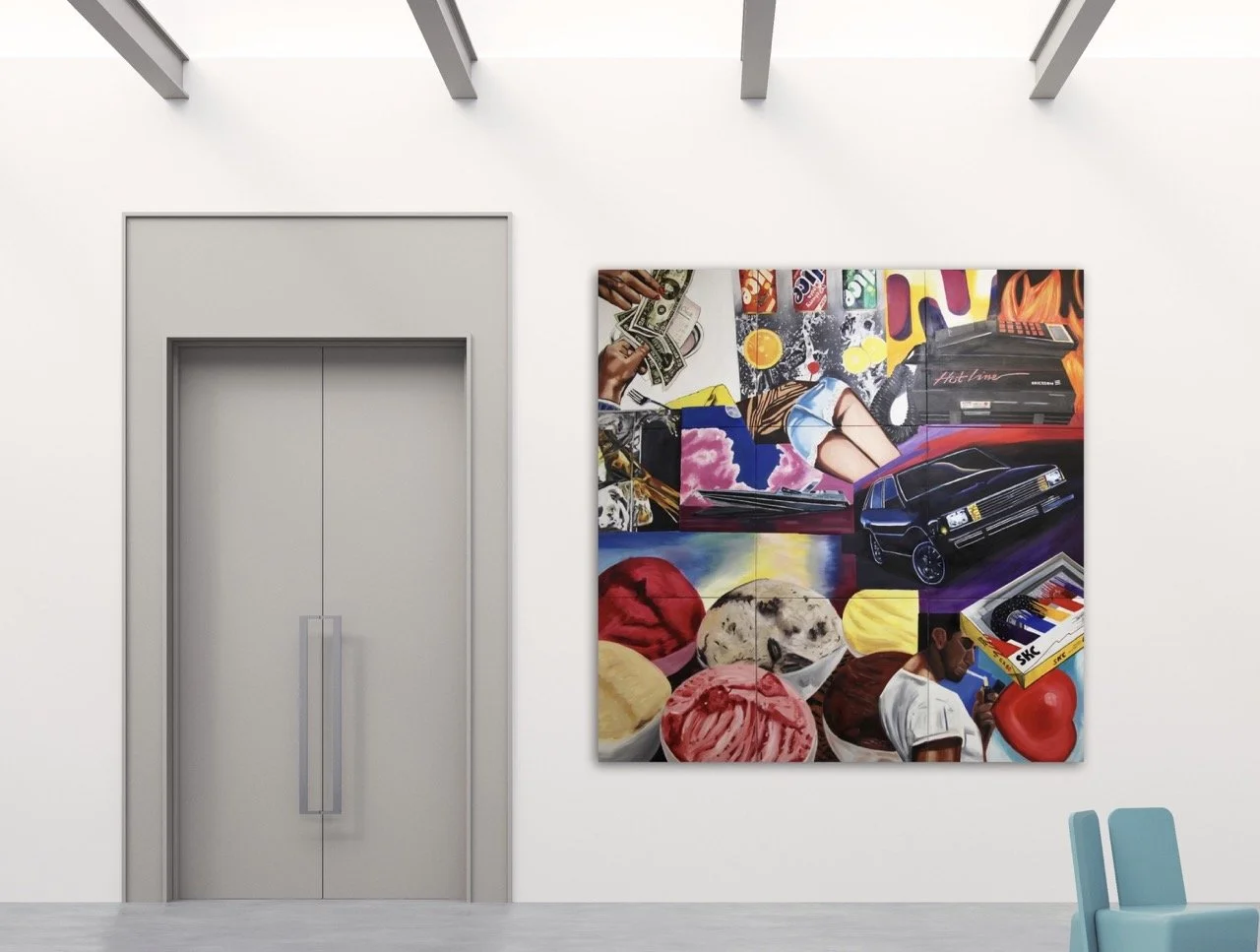 Nine panel oil canvas painting of 80s style ads collaged together hanging on a white wall.