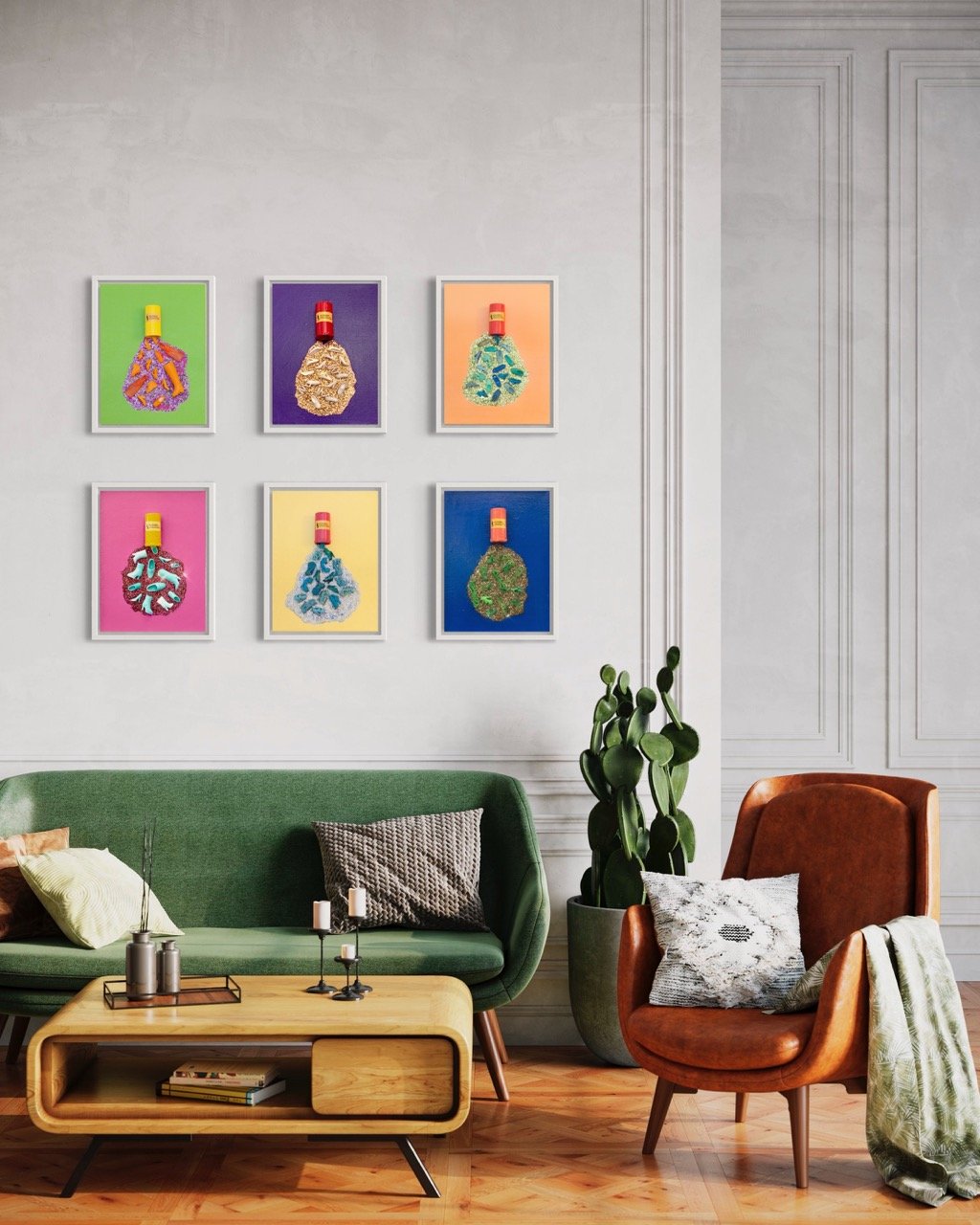 Six pop art canvases by artist Kristin Simmons with pill bottles spilling out glitter and barbie shoes hanging above a green couch.