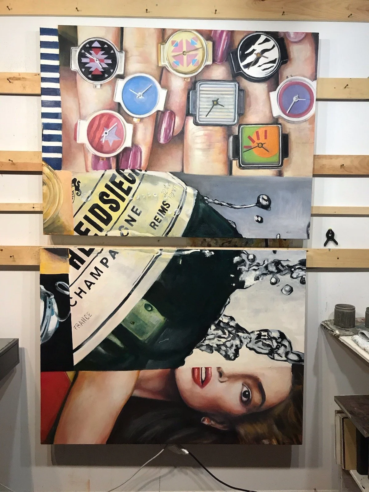 Pop art painting divided into three panels. The top features hands adorned with colorful wristwatches, the middle depicts the bottom of a champagne bottle surrounded with splashes of liquid, and the bottom shows one side of a woman's face.