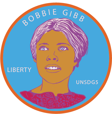 Illustrated portrait of Bobbie Gibb with purple hair and a red top, surrounded by a blue circle with the words 'LIBERTY' and 'UNSDG5' written above and below the image, respectively.