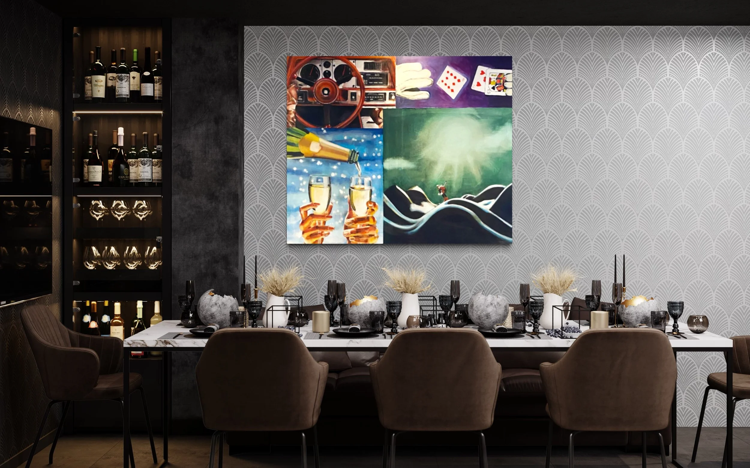 Elegant dining room with a large painting featuring four quadrants: a steering wheel, playing cards, champagne being poured, and a scenic landscape. The room includes a sophisticated dining table set for a meal and wine shelves.