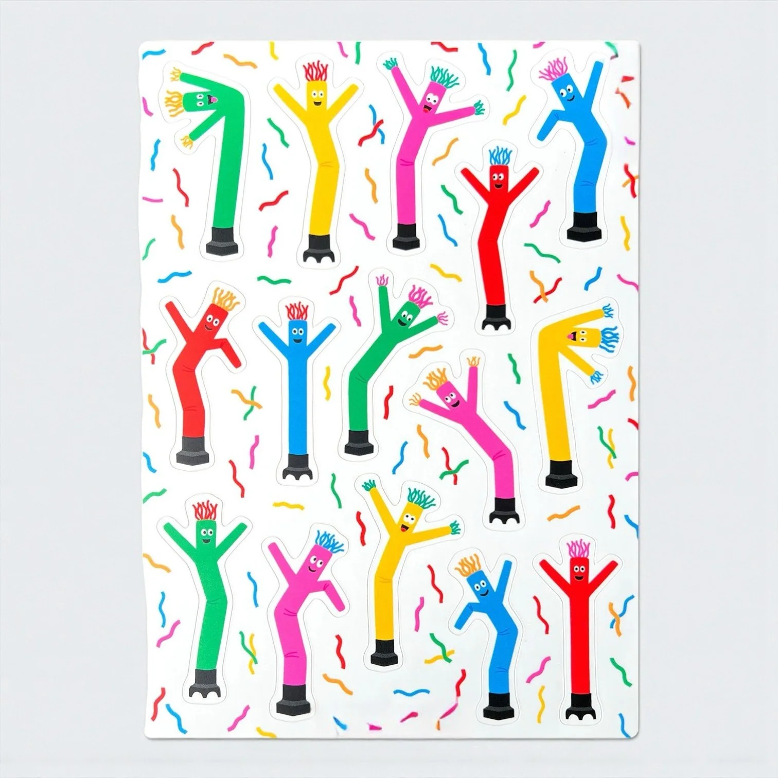 Sticker sheet with colorful wacky inflatable tube men in motion on a confetti-style background.
