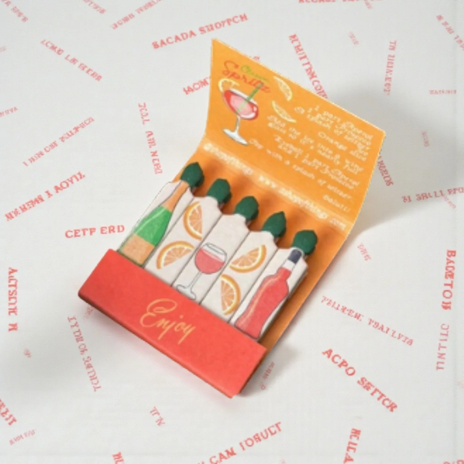 Drink-themed novelty matchbook featuring summery Aperol design and cheeky vintage charm.
