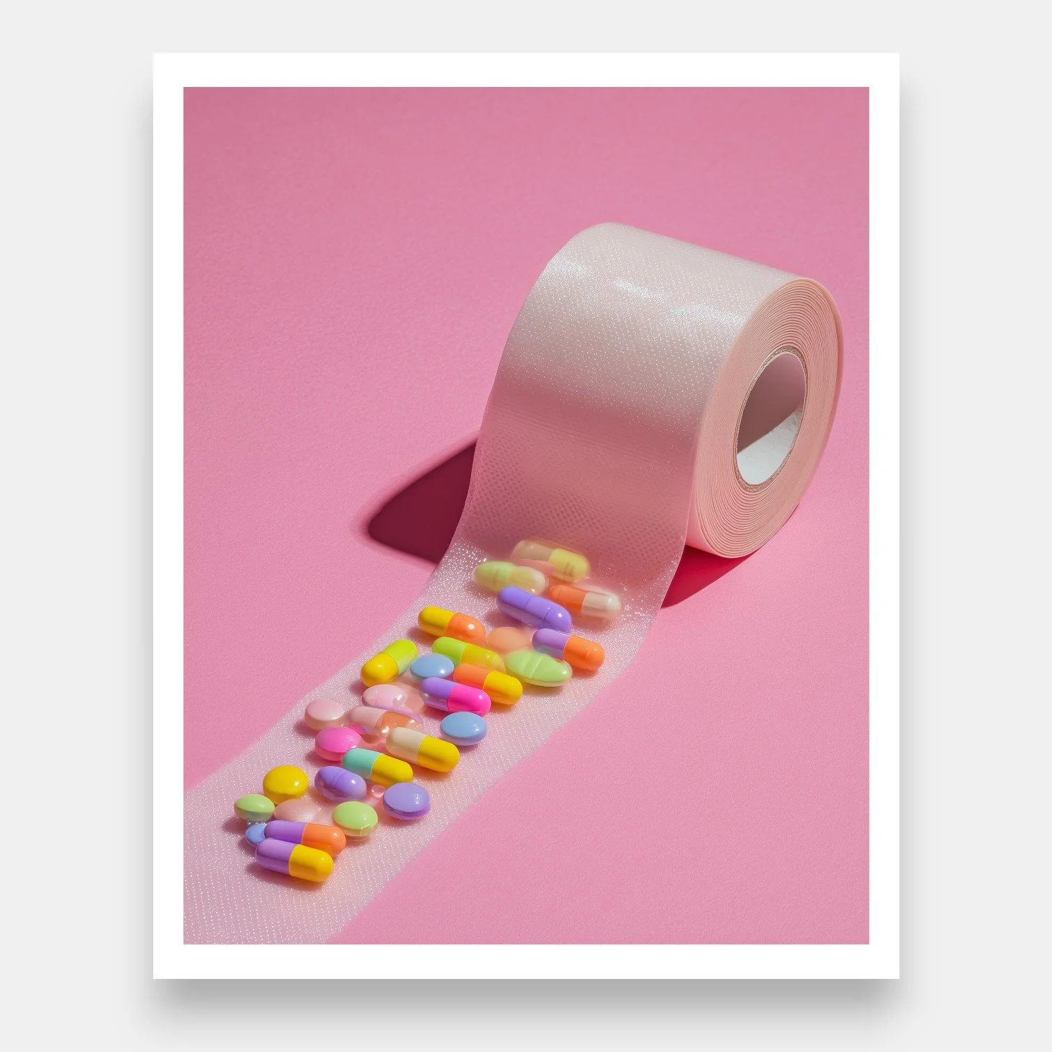 Playful and surreal art print with colorful pharmaceuticals and bathroom symbolism in pop art style.