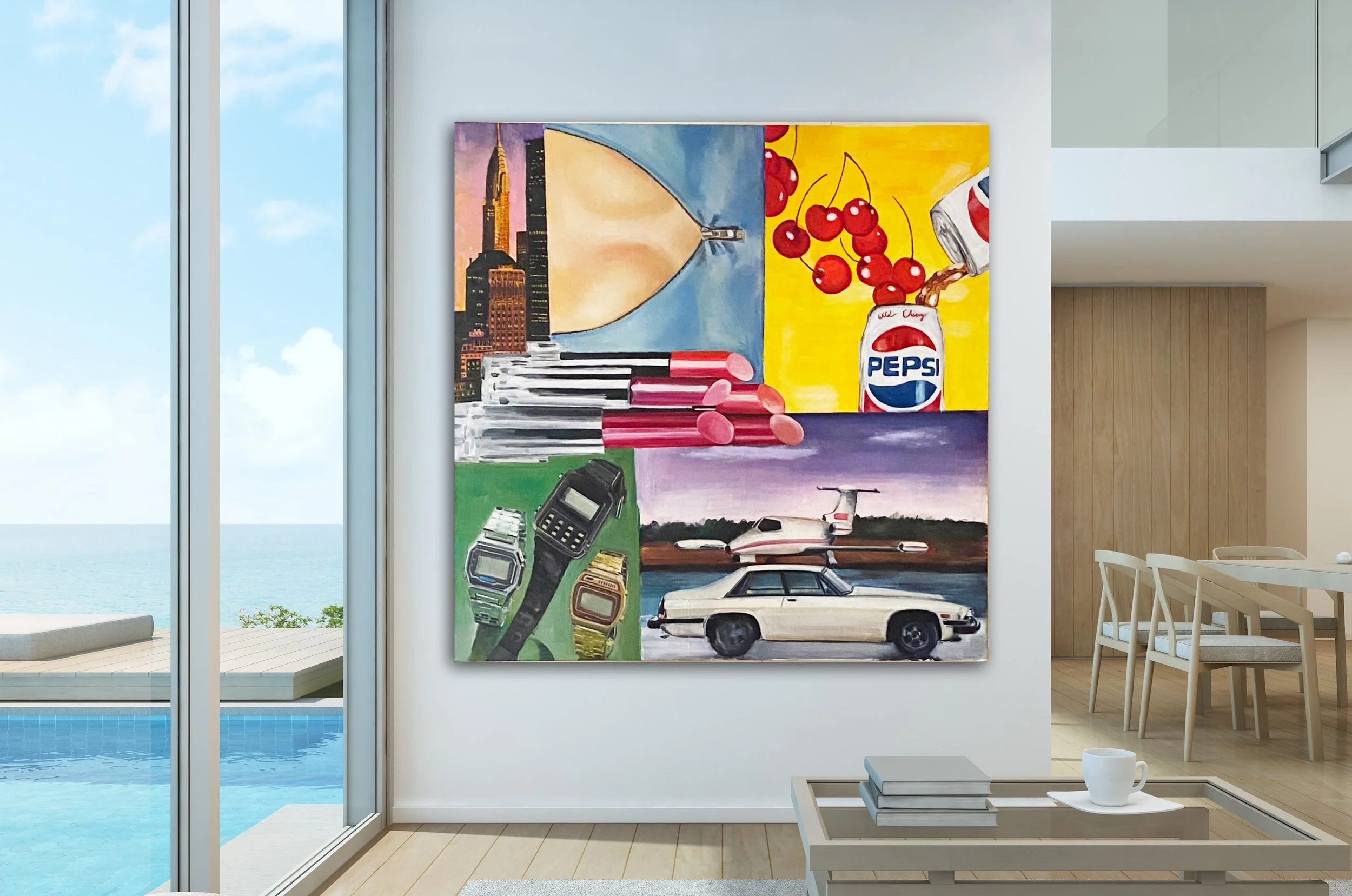 Modern living room with a large pop art painting on the wall. The artwork features a collage of objects including a skyline, a jet, cherries, a Pepsi can, wristwatches, lipstick, and a car. Large windows offer a view of a pool and ocean.