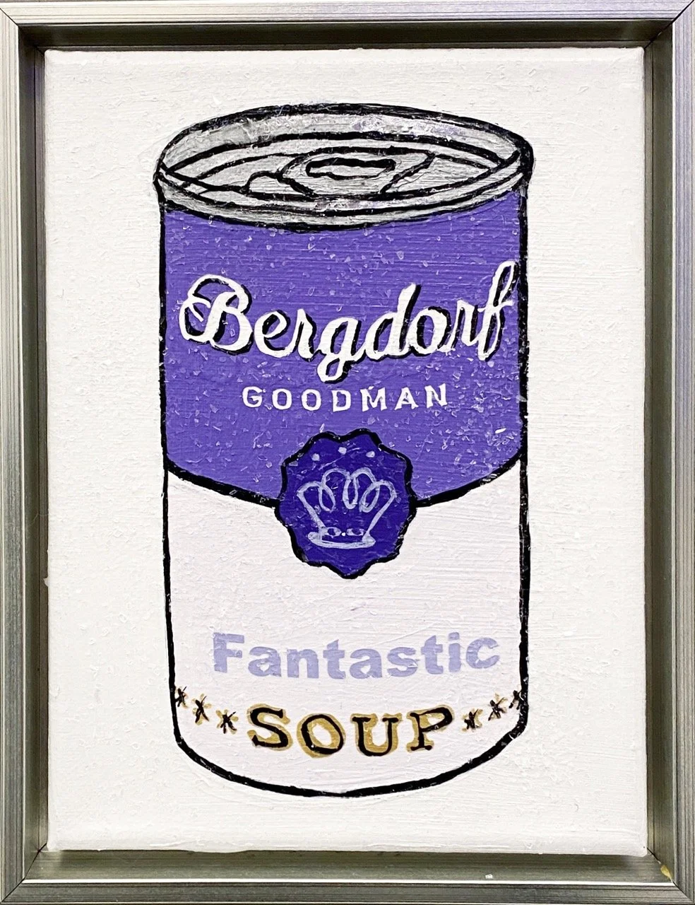 Pop art painting of a soup can labeled "Bergdorf Goodman Fantastic Soup" with a purple and white color scheme. The design mimics classic Campbell's soup cans, featuring a crown emblem and stylized text, framed in a metallic border.