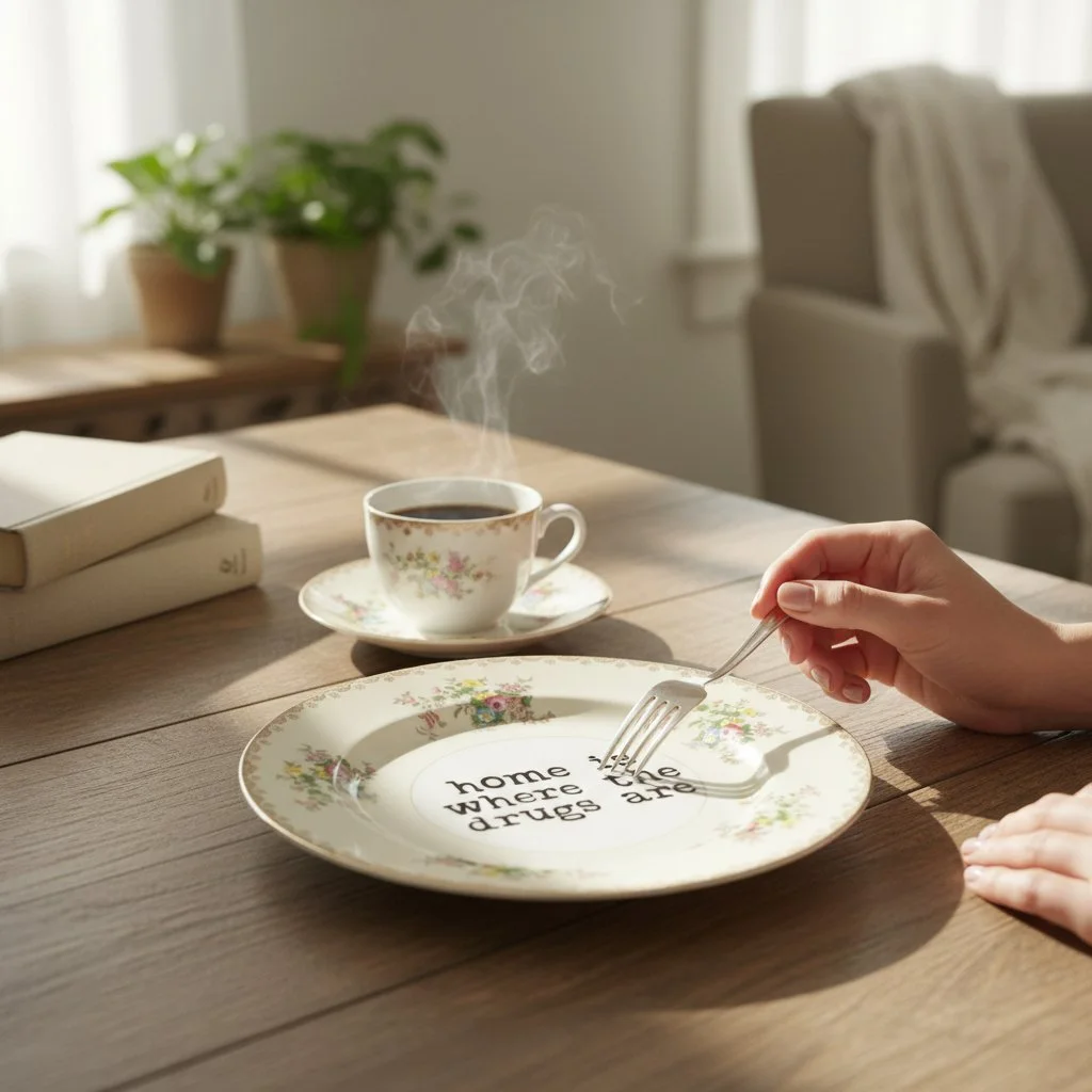 Porcelain plate with ornate floral pattern and ironic message “home is where the drugs are” in black lettering.