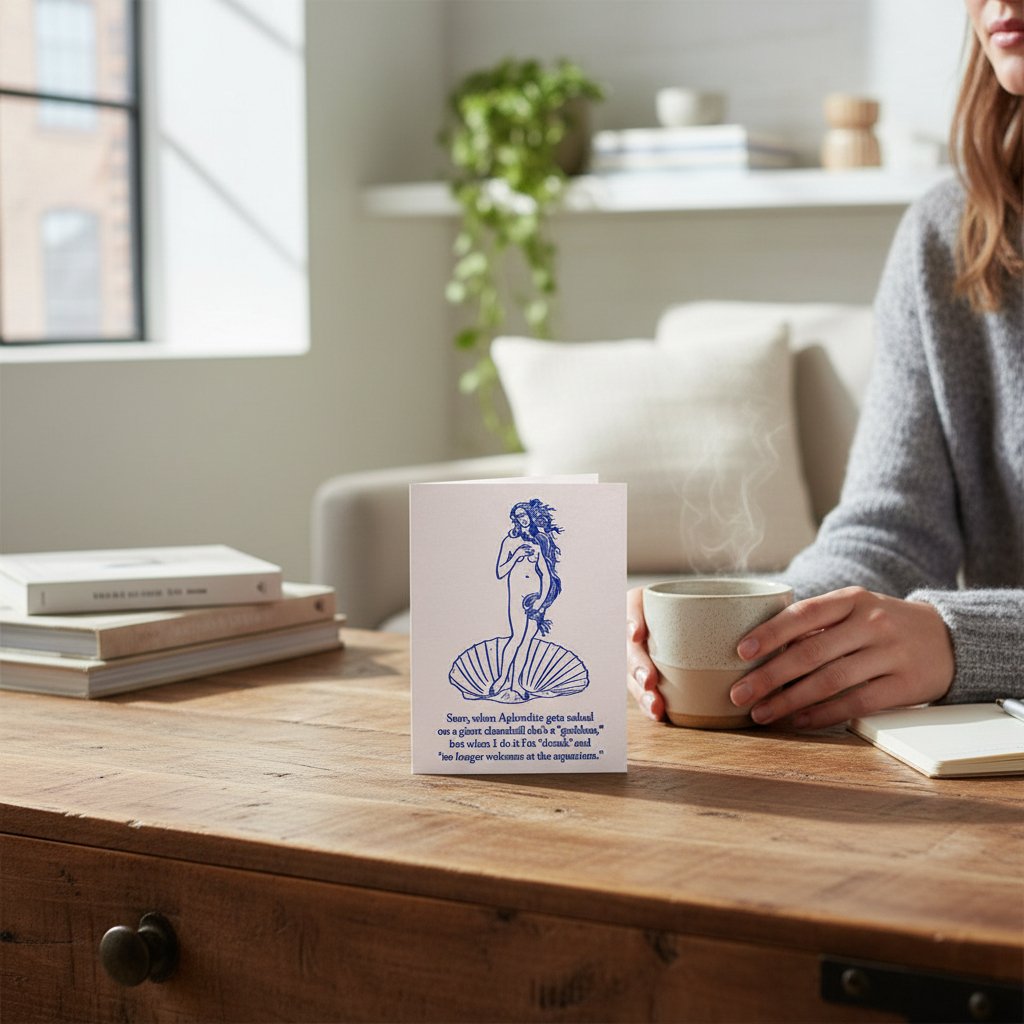 Blue and white greeting card with classical art humor and witty commentary on public nudity.