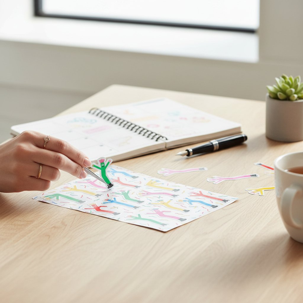 Sticker sheet with colorful wacky inflatable tube men in motion on a confetti-style background.