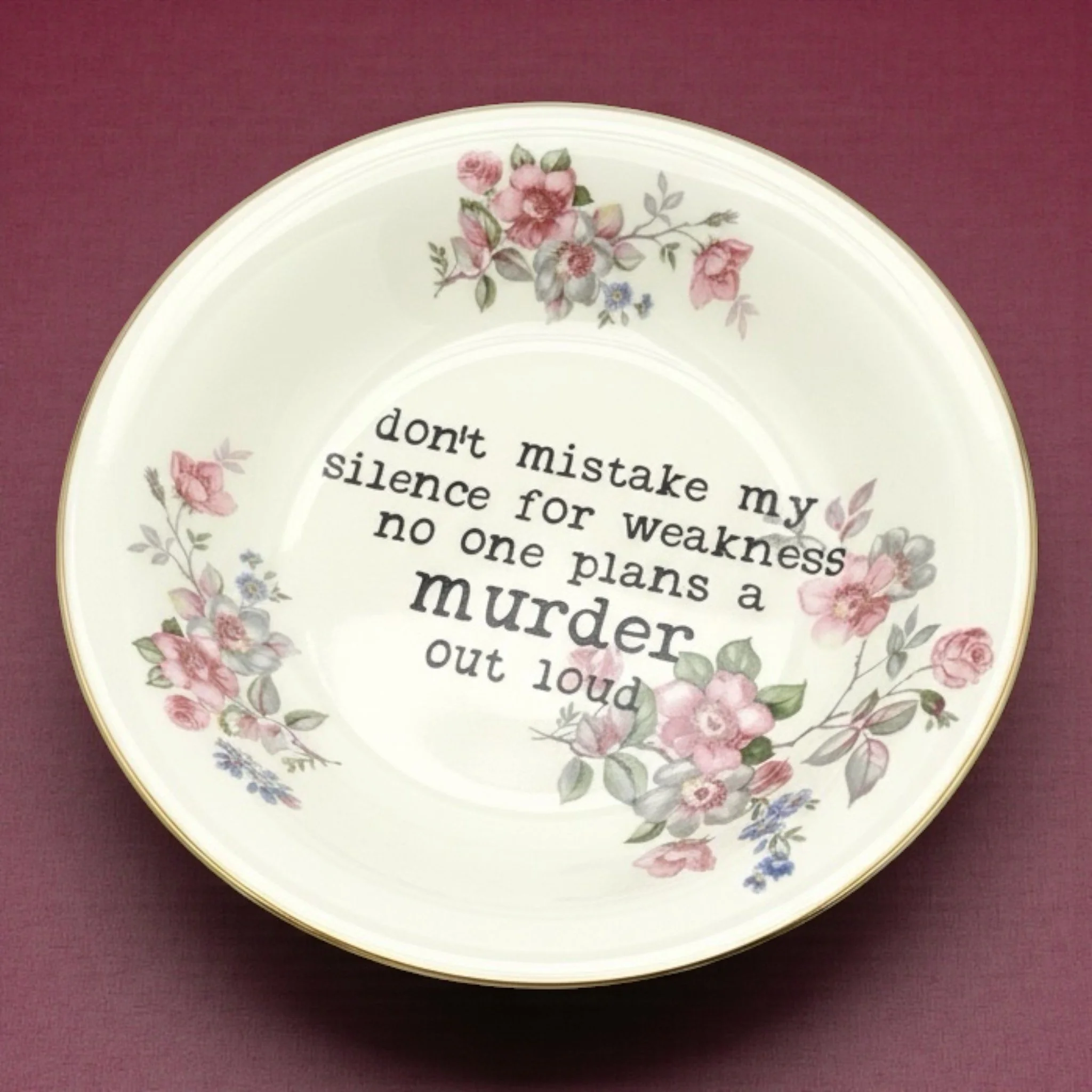 Funny porcelain dish with pastel roses and an ironic bedtime anxiety quote.