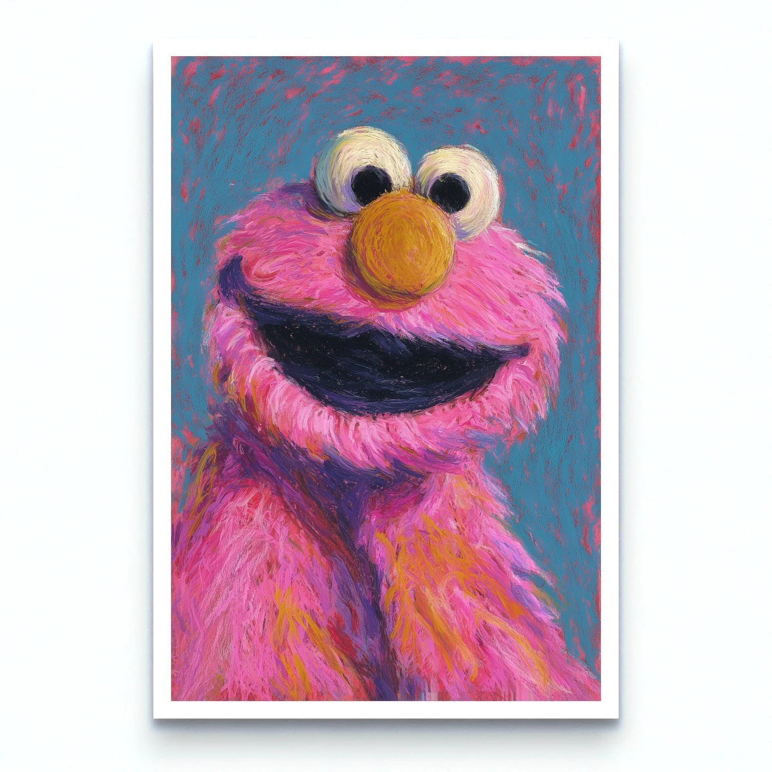 Painterly artwork of Elmo in bold brushstrokes, blending nostalgia with surrealist, chaotic charm.