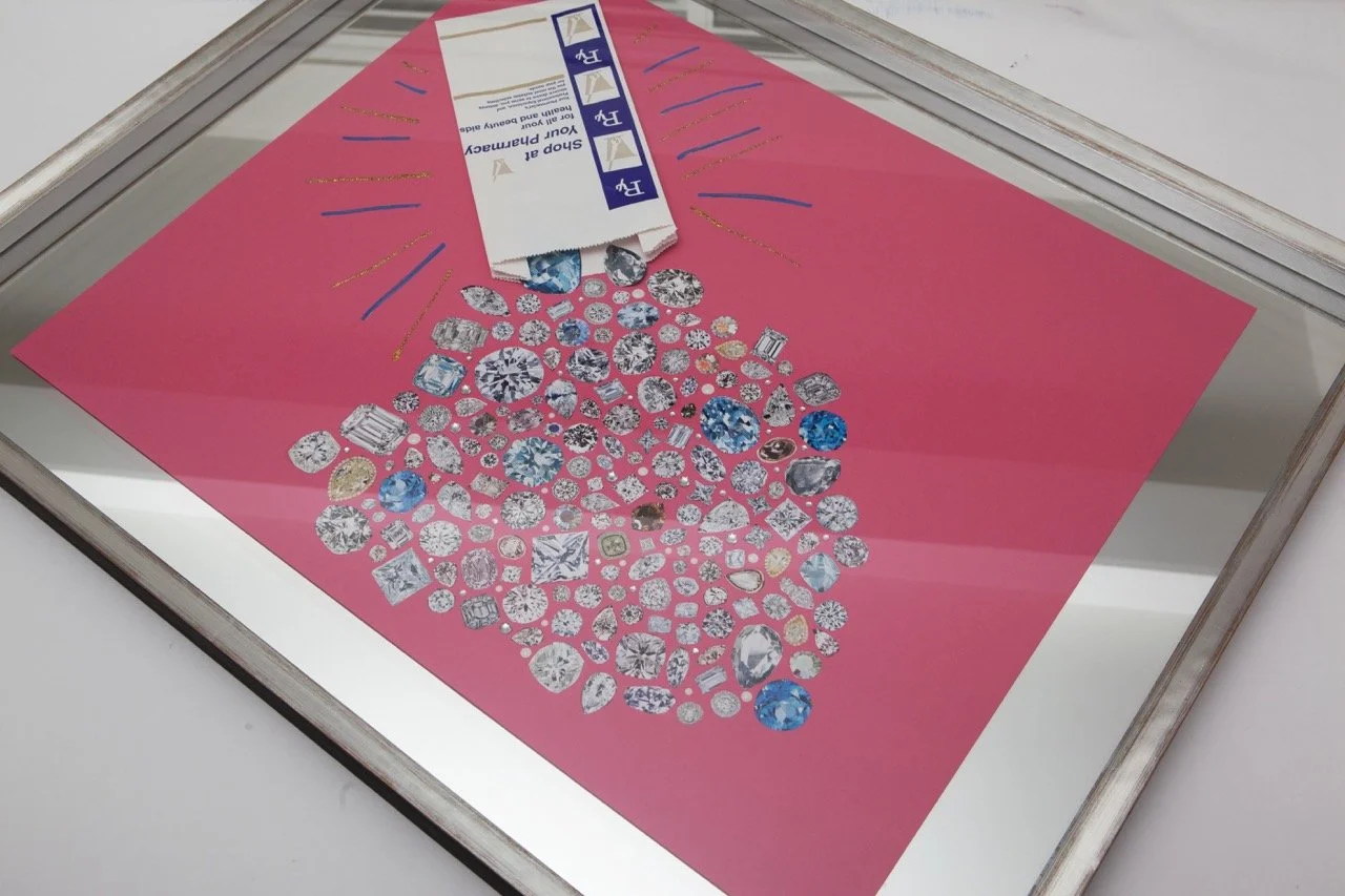 Framed art piece with a pink background featuring a pharmacy bag splling out a cluster of glittering gemstones in various shapes and sizes.