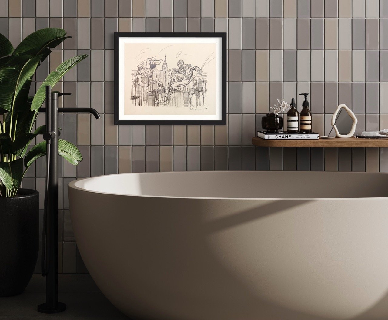 Elegant bathroom featuring a sepia sketch of superheroes by artist Kristin Simmons above a city, mounted on a tiled wall, with a freestanding tub, greenery, and toiletries on a wooden shelf.