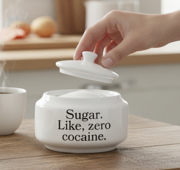 Funny sugar holder with black lettering on a white ceramic container, featuring witty kitchen humor.