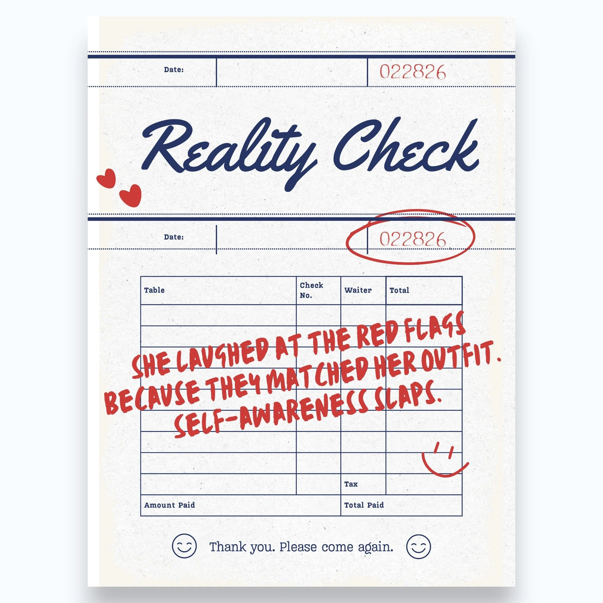 Reality Check art print featuring bold navy typography and red handwritten quote about red flags and self-awareness on a receipt-style background.