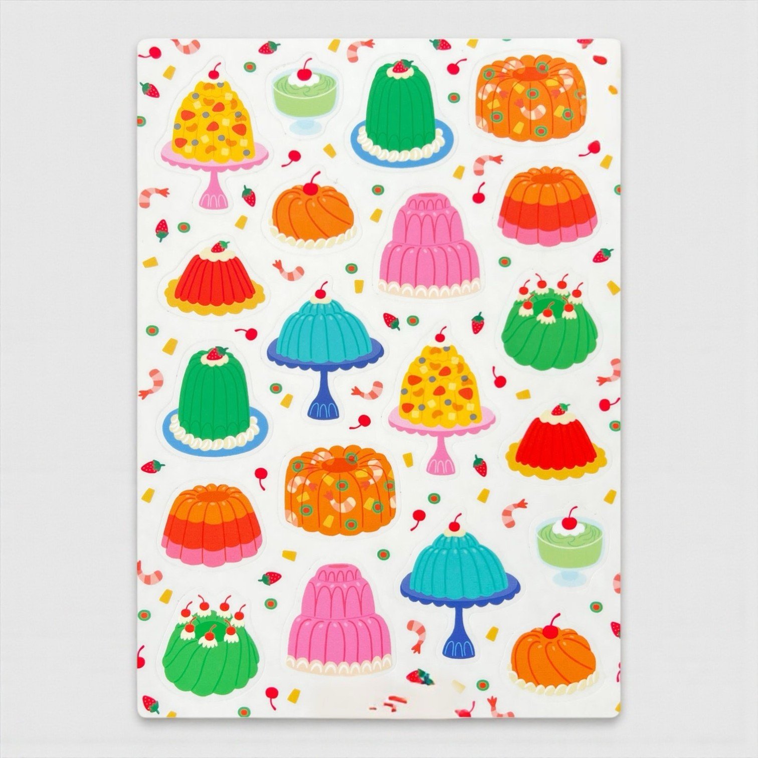 Colorful retro sticker sheet featuring jelly molds, vintage desserts, and whimsical food designs.