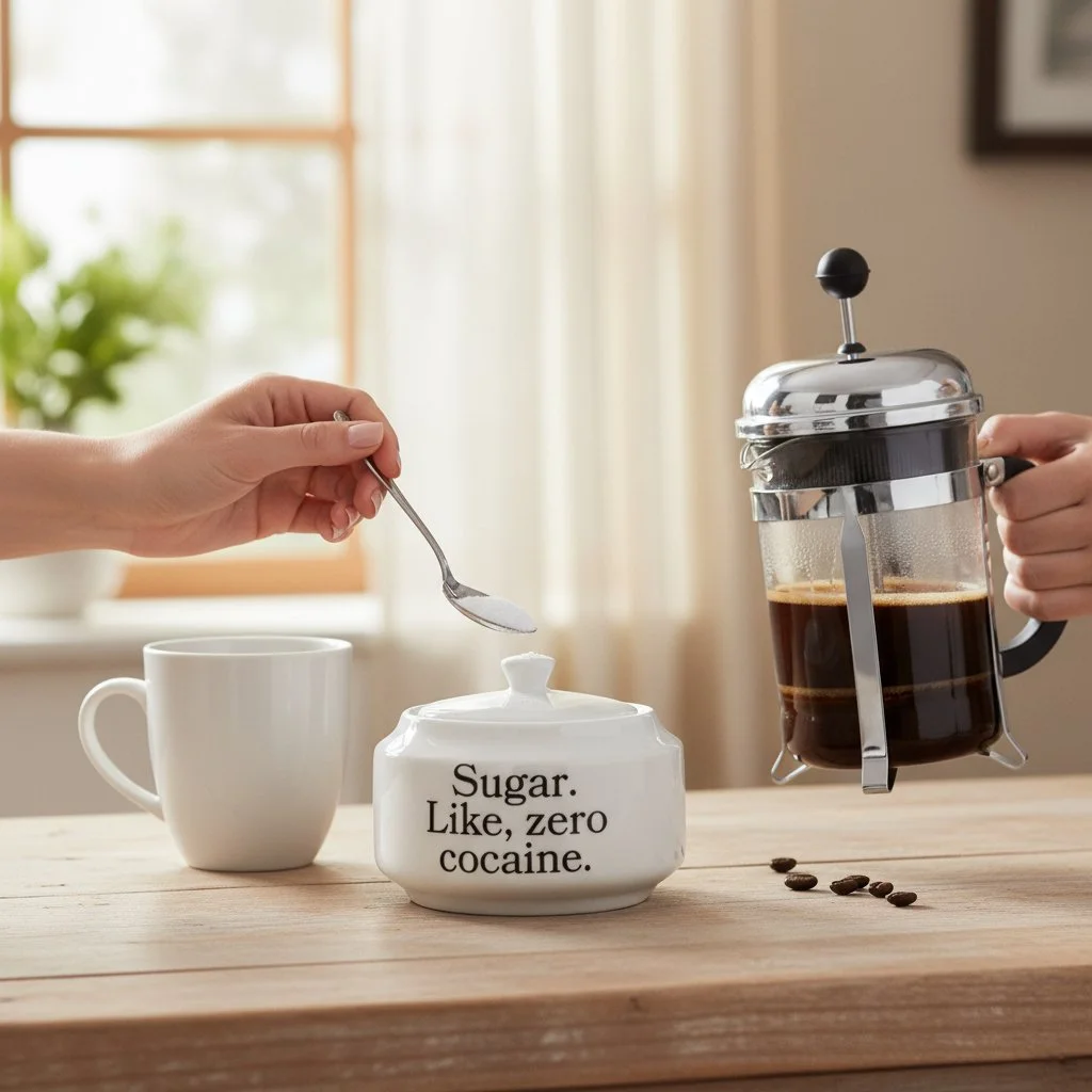 Quirky sugar bowl labeled “Sugar. Like, zero cocaine.” for modern and humorous kitchen decor.