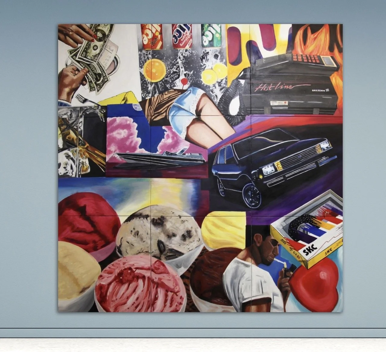 Collage of 9 brighlty colored oil paintings assembled to depict different scenes of the 1980's hung on a blue wall.