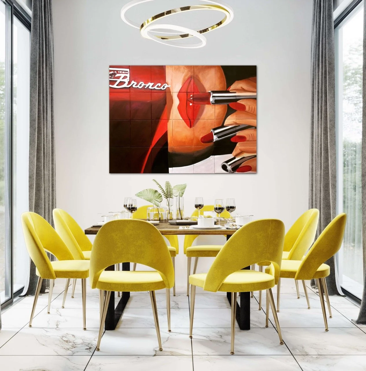 A 28-panneled realistic oil painting of half a woman's face holding multiple red lipsticks next to a red bronco hanging above a yellow table and chairs.