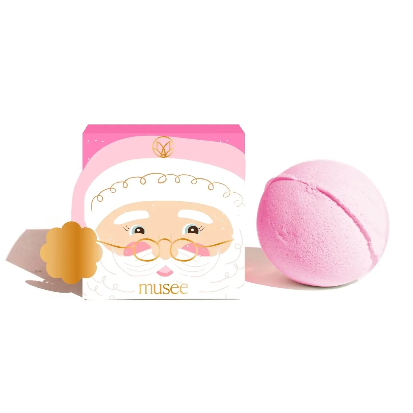 Pink Santa-themed bath balm with peppermint scent and surprise glitter gift inside festive packaging.