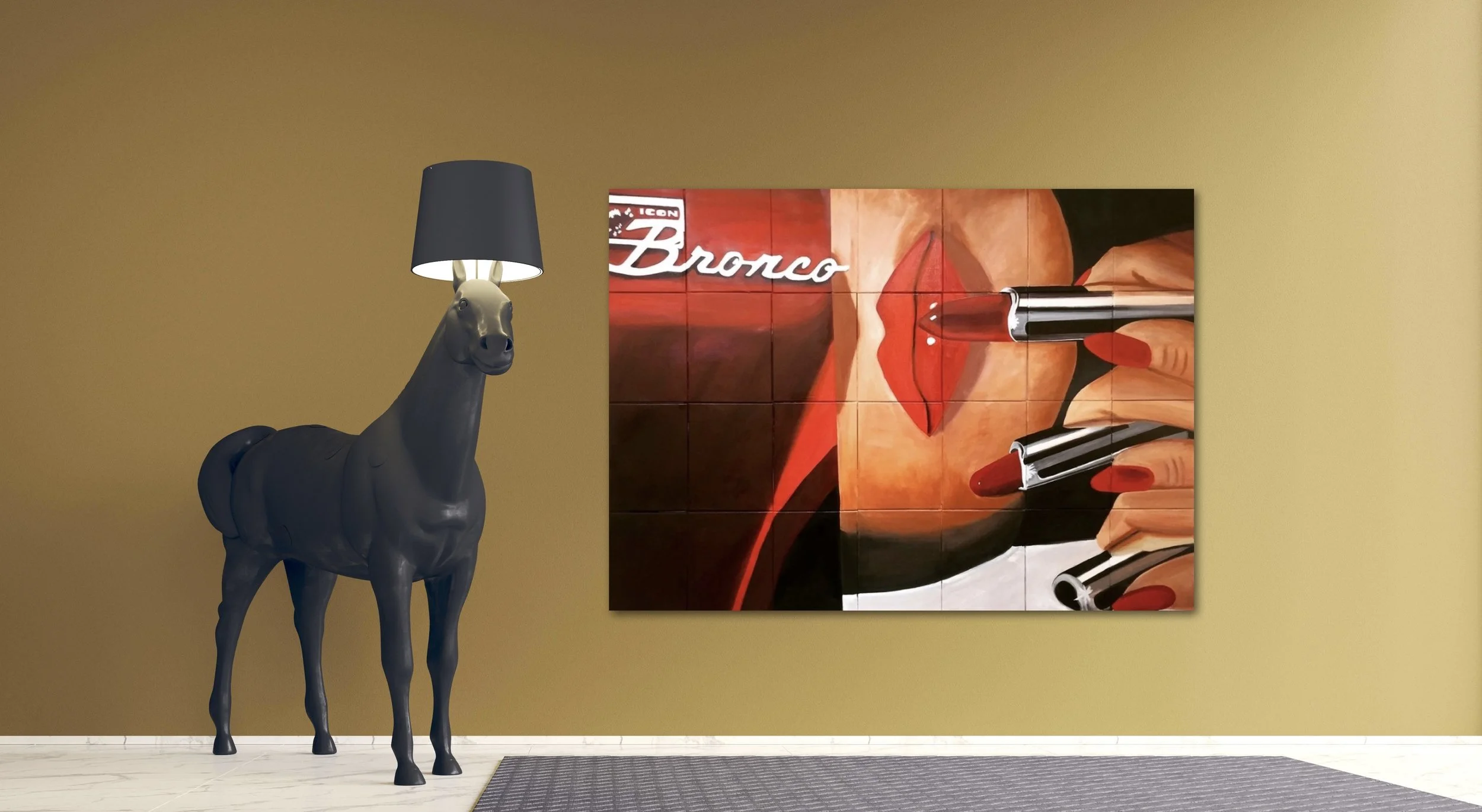 An 80's inspired painting of a red bronco and a woman applying red lipstick tubes hanging on a yellow wall next to a horse sculpture.