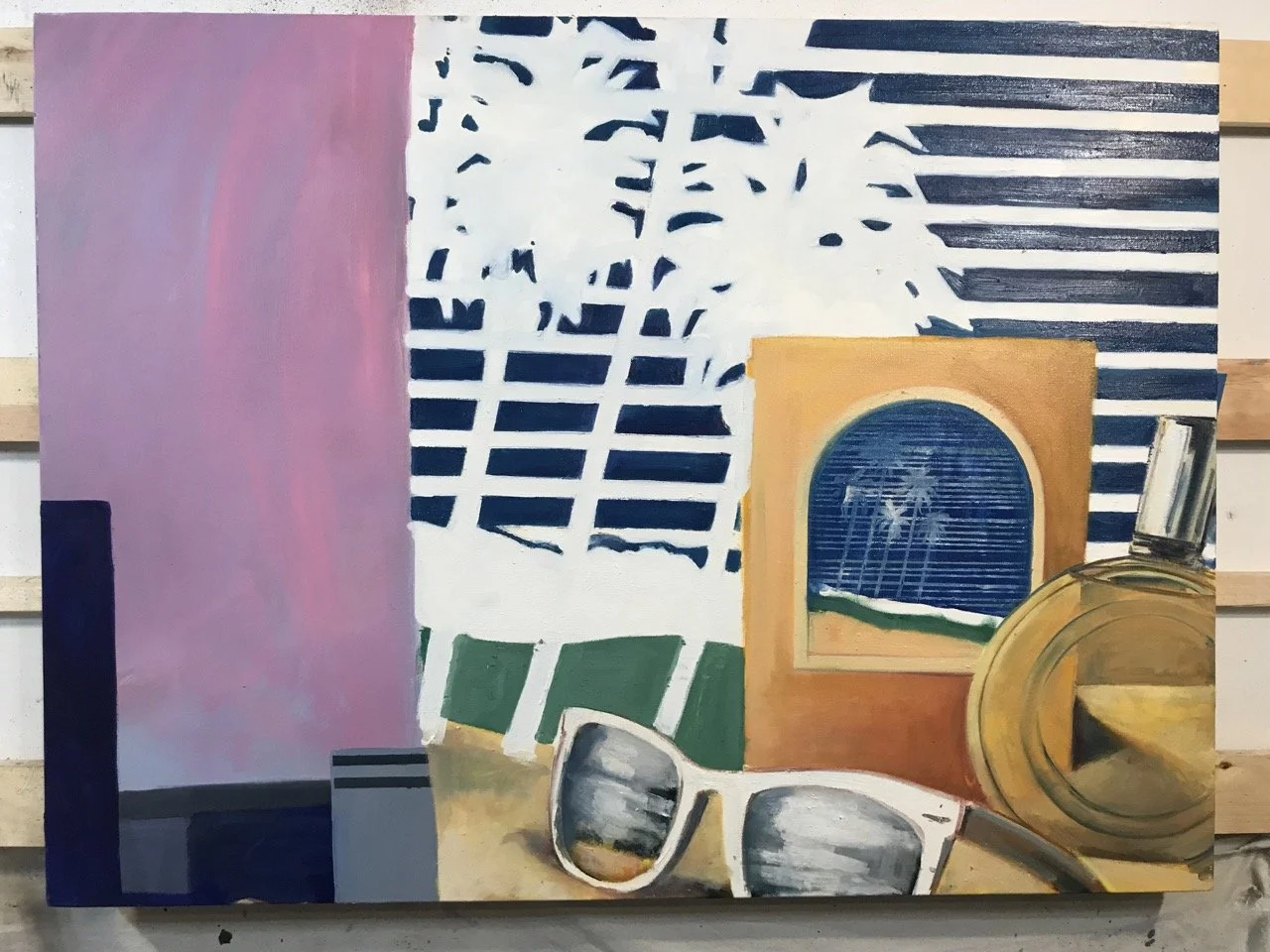 Pop art painting featuring a pink and purple gradient on the left, blue and white blinds with palm tree silhouettes in the center, and a still life on the right with sunglasses, a perfume bottle, and a framed picture with a beach scene.