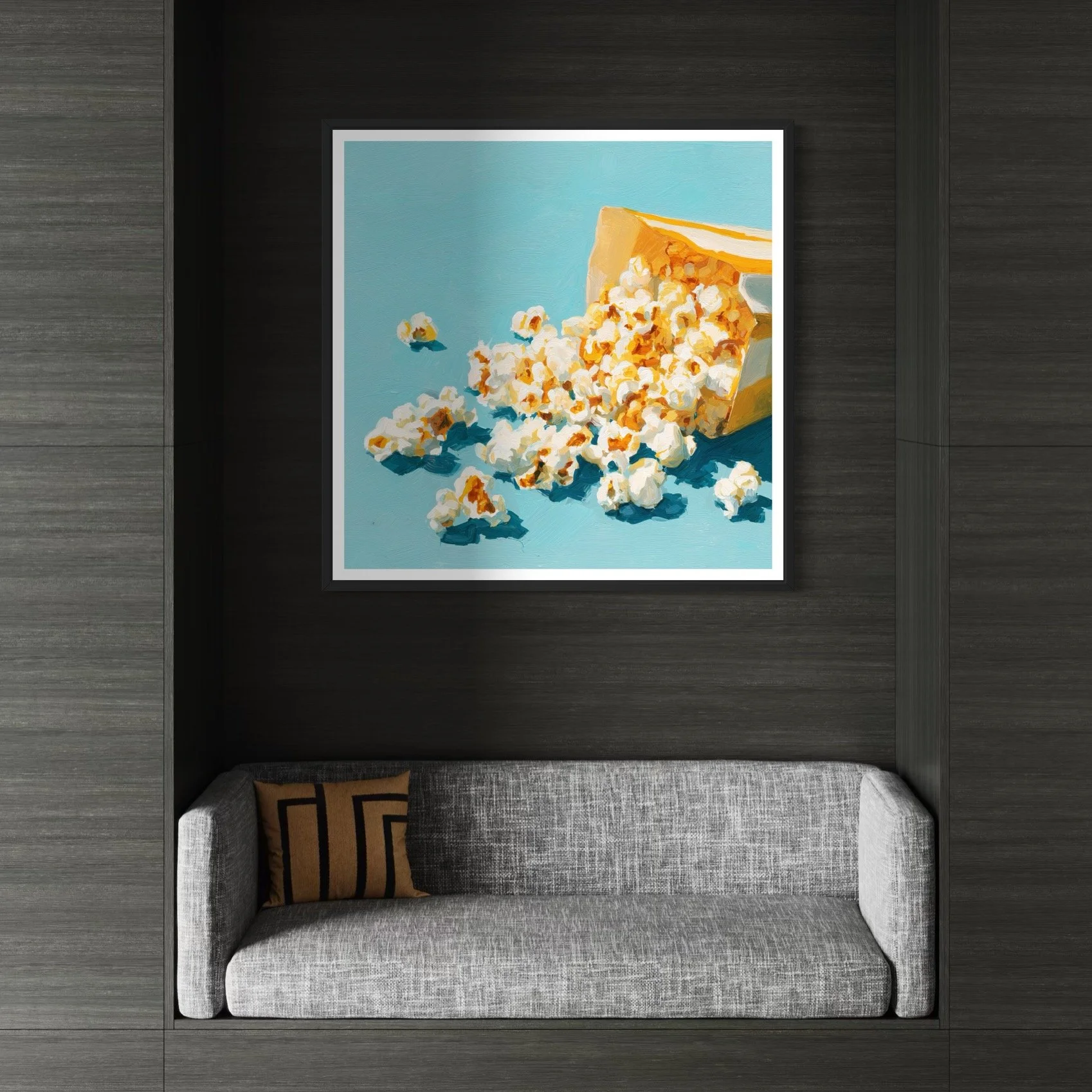 Painterly still life artwork of popcorn scattered on a bold blue surface, with bright yellow highlights.