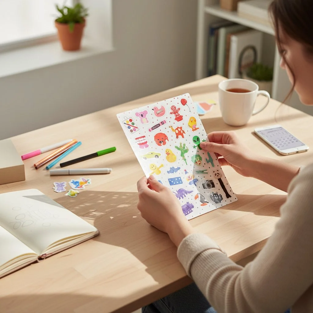 Funny sticker collection featuring quirky items like a crab, clown, PEZ dispenser, and smiley face.