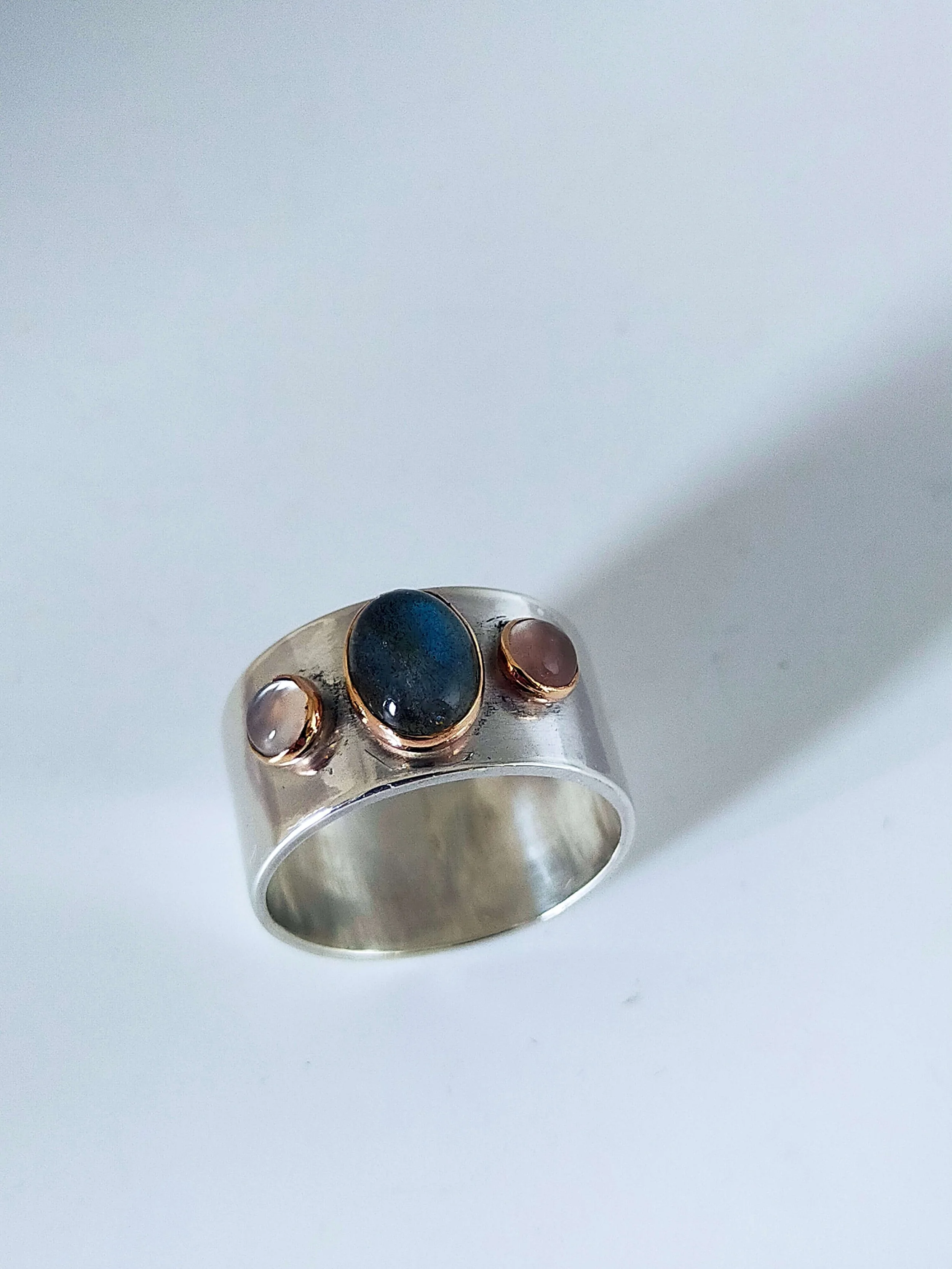 Silver ring with labradorite and moonstones