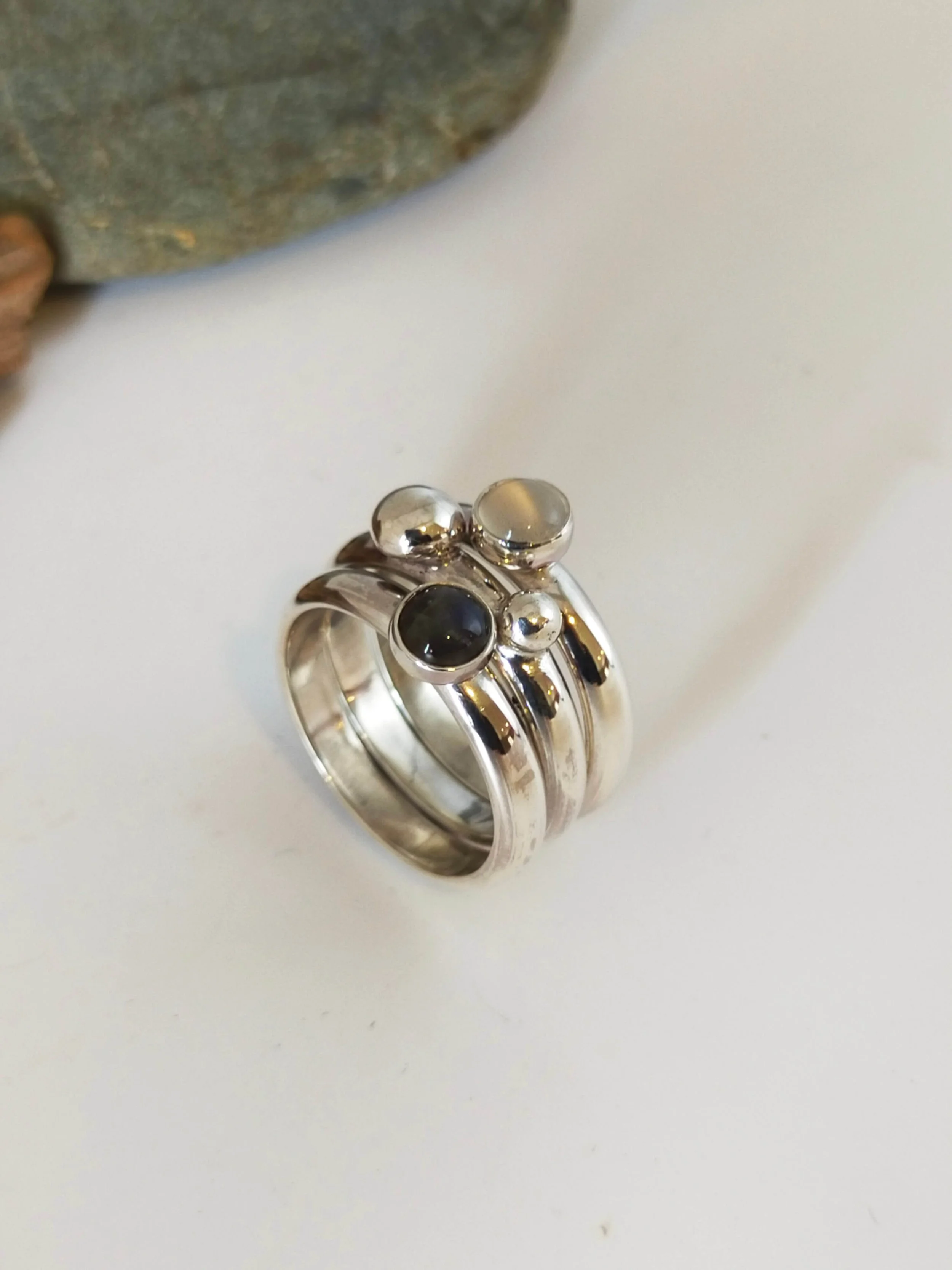 Stacked Silver Moonstone and Labradorite Ring