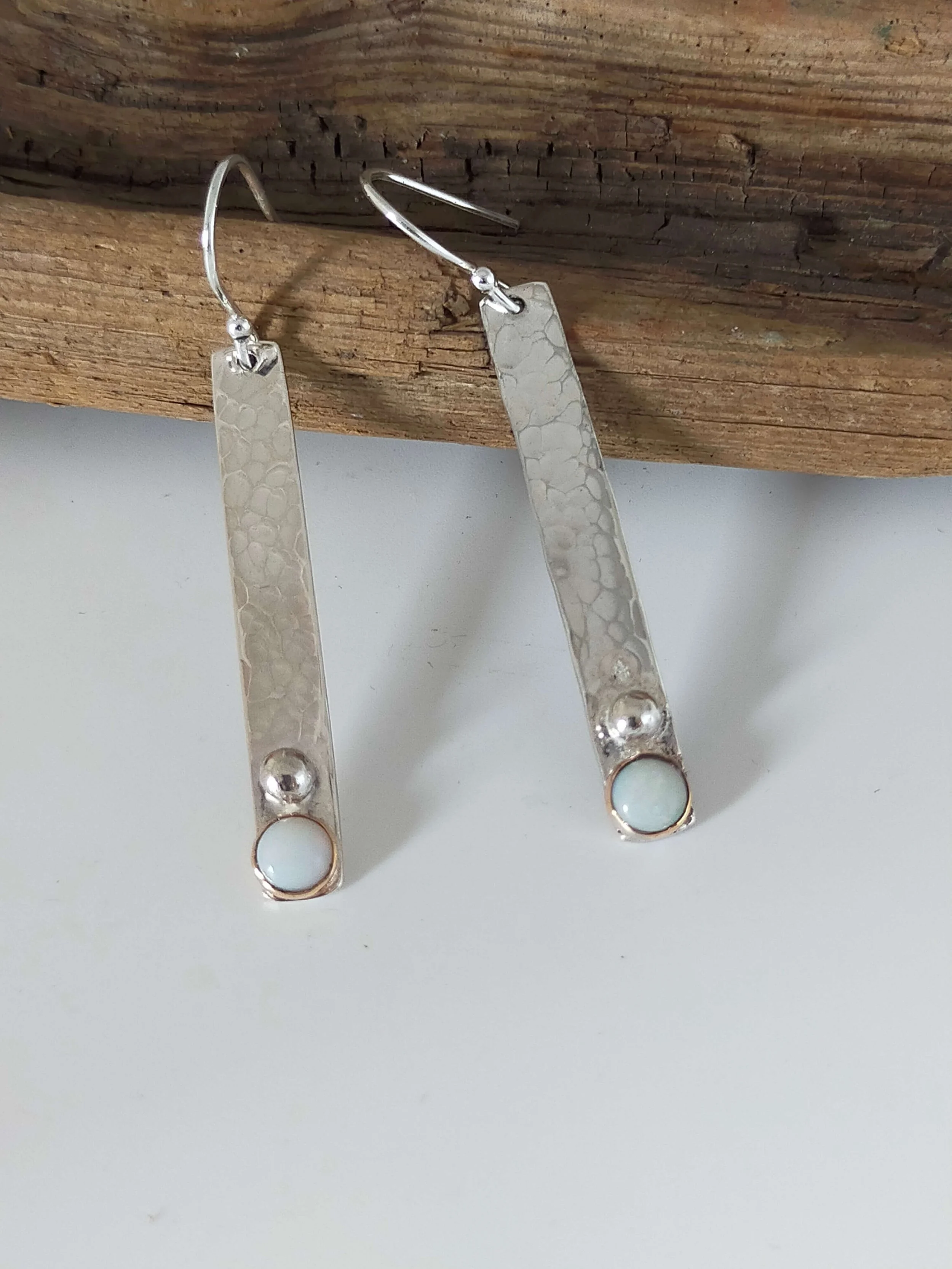 Silver Bar Drop earrings set with opals