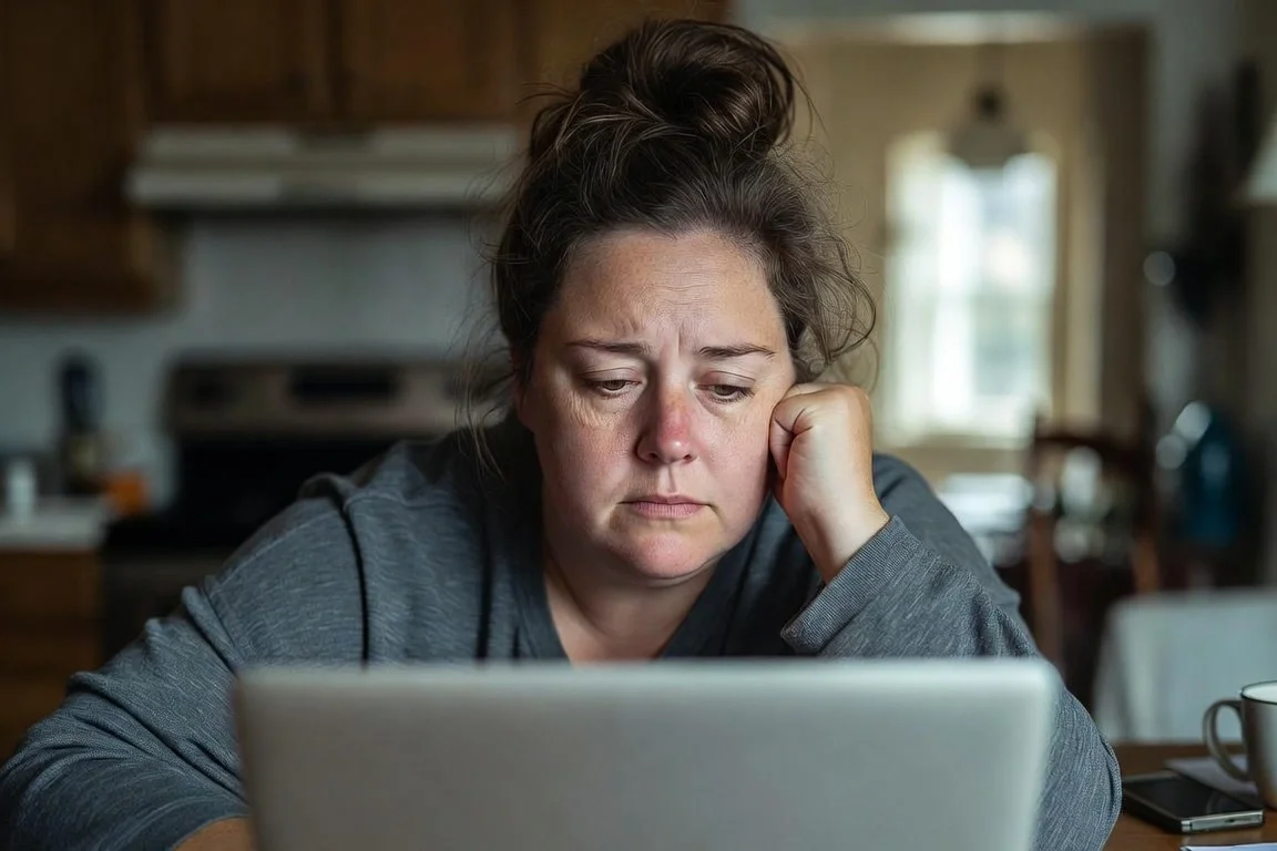 A woman sitting anxiously at her kitchen table, checking her laptop while waiting for medical test results.