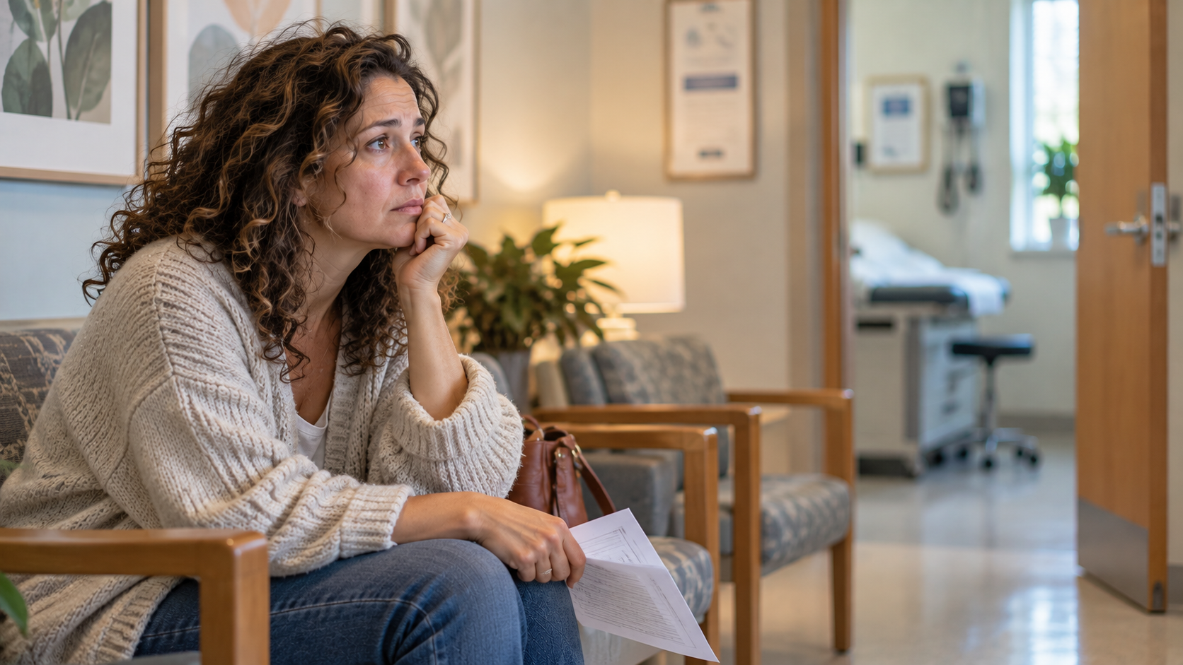 Woman with curly hair sitting anxiously in a doctor's office waiting room, holding paperwork before a medical appointment.