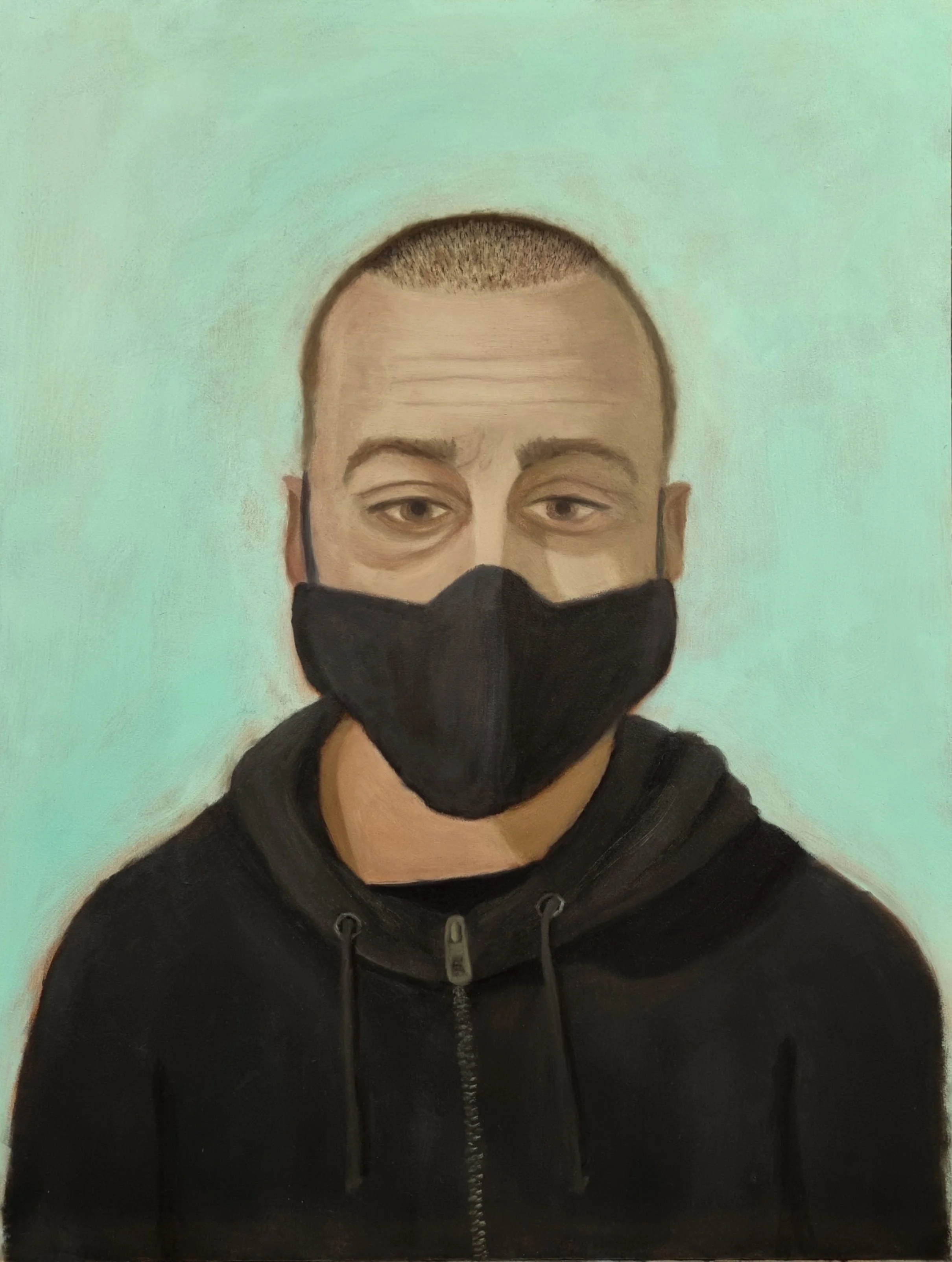 "Self-Portrait with a Mask" (Oil and acrylic on Masonite, 35cm x 45cm, 2021)