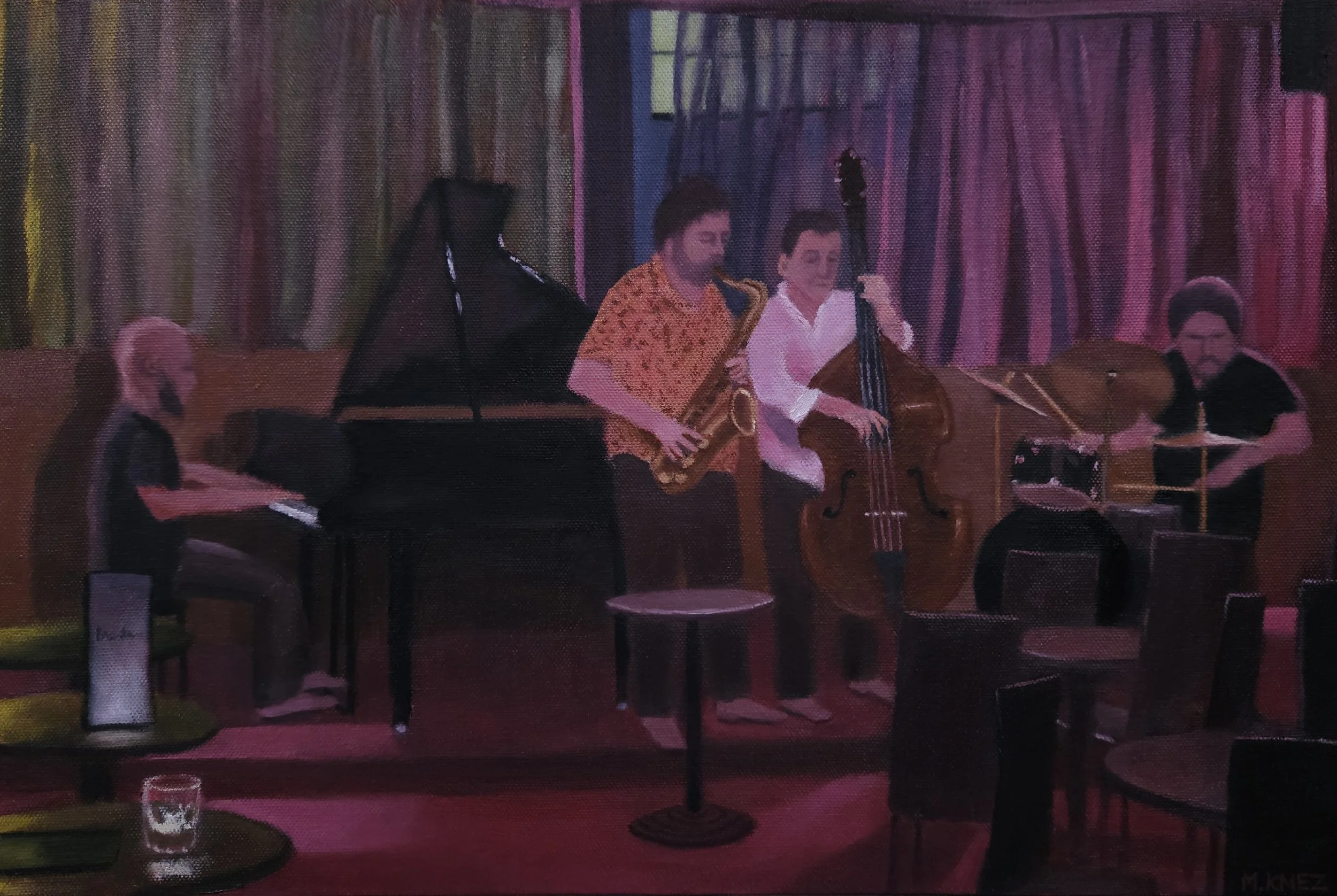 "Quartet at the Uptown Jazz Cafe", Oil on canvas on plywood, 30cm x 45cm, 2025