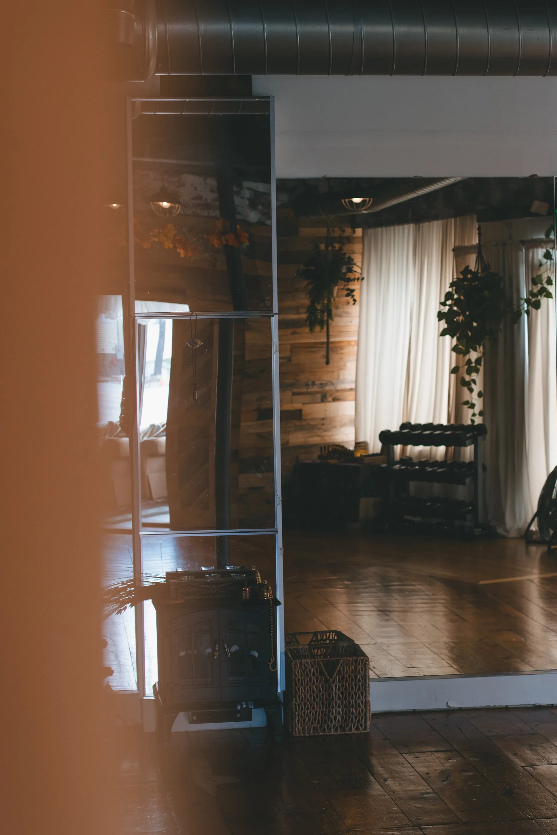 Interior of a room with wooden walls, large windows with curtains, potted plants, and various furniture and decorative items reflected in a mirror.