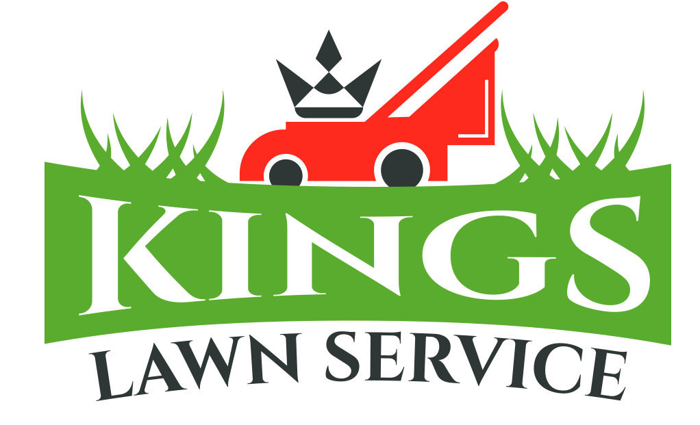 Logo for Kings Lawn Service featuring a red lawnmower with black wheels and a black crown above the mower, green grass underneath, and the words 'KINGS LAWN SERVICE' in black and green lettering.