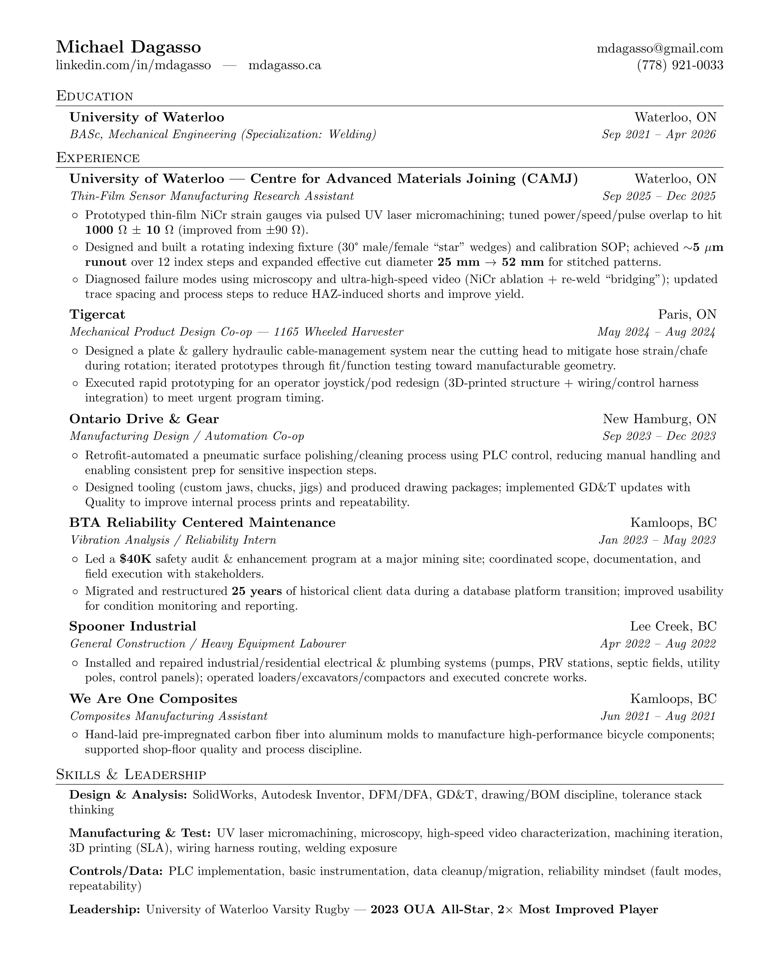 A resume for Michael Dagasso listing education, experience, skills, and leadership roles.