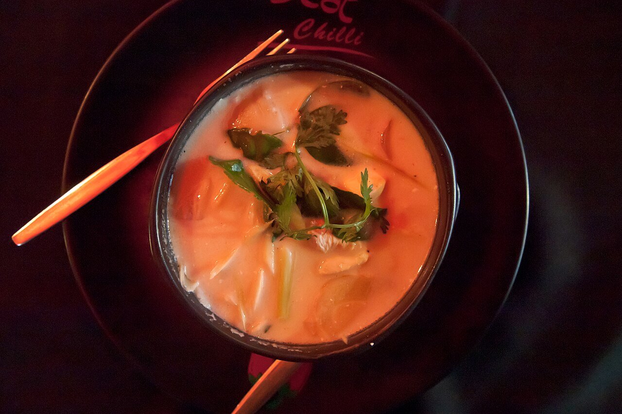 Tom Kha Gai coconut soup with chicken; recipe offers a tofu option