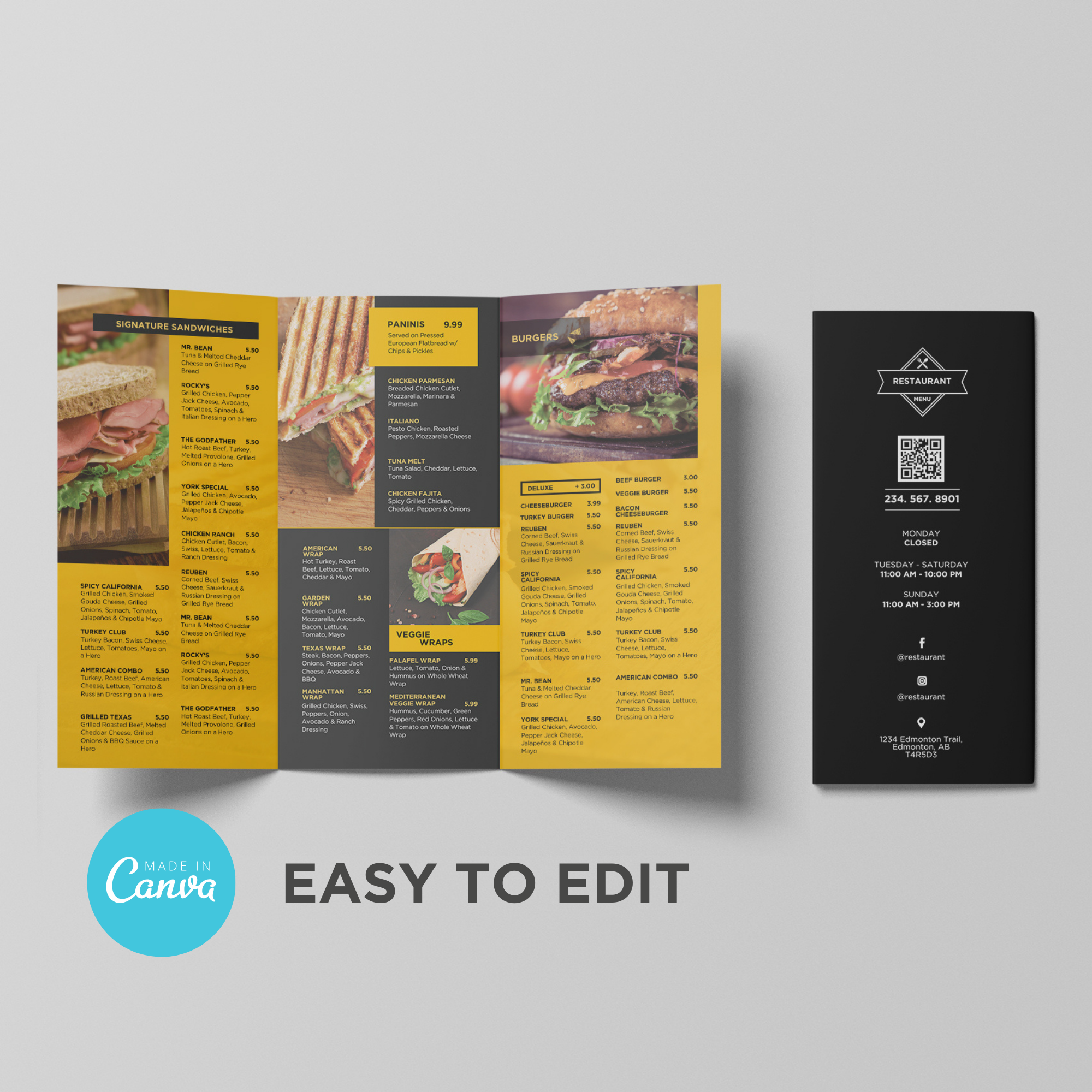 Editable digital menu design made in Canva, perfect for restaurants. No subscription needed. Customize daily specials, combos & more easily