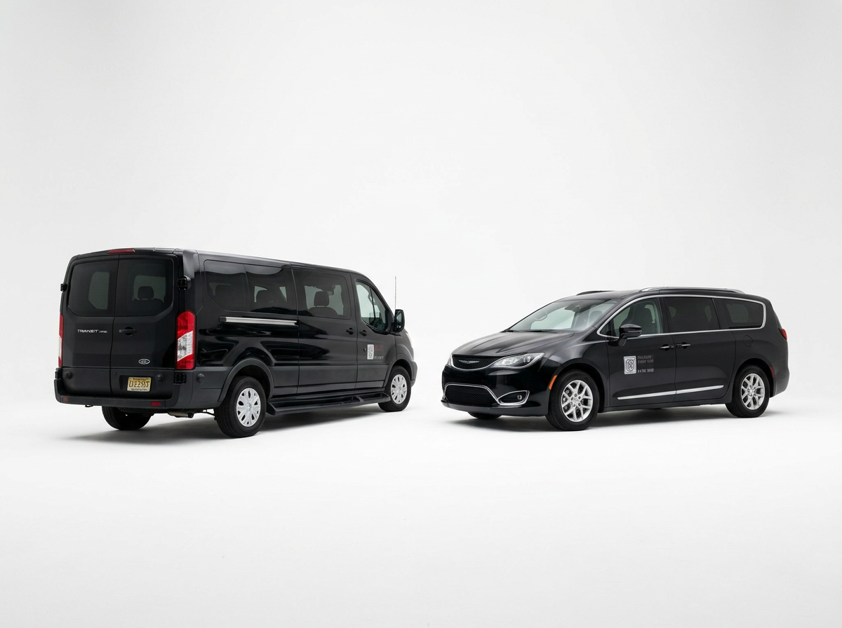 Two black vehicles, a van on the left and a minivan on the right, are parked on a plain white background.