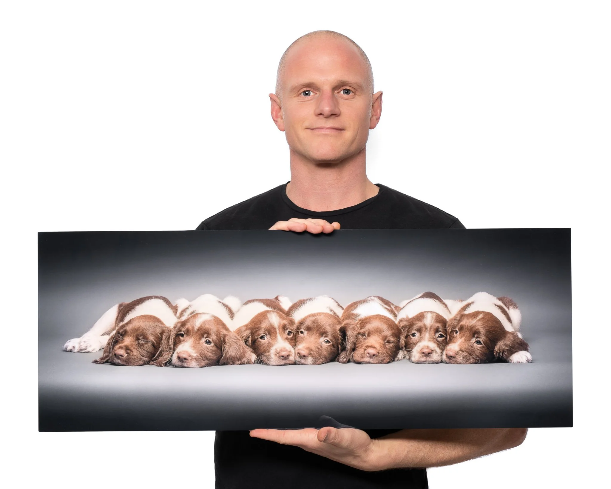 Chris Knight holding a printed photograph of Springer Spaniel puppies