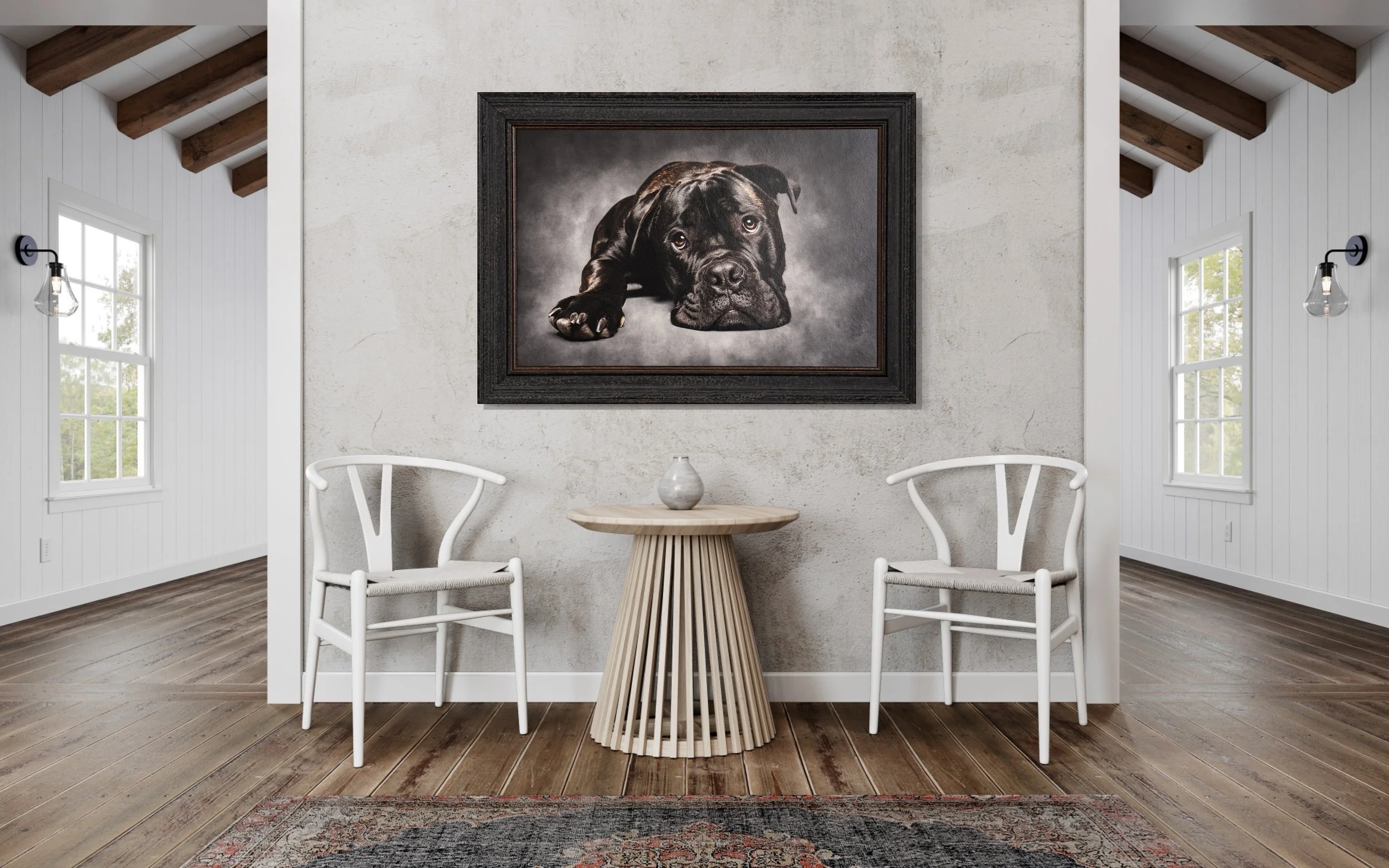 Fine art framed studio portrait of a Cane Corso in an ornate wooden frame