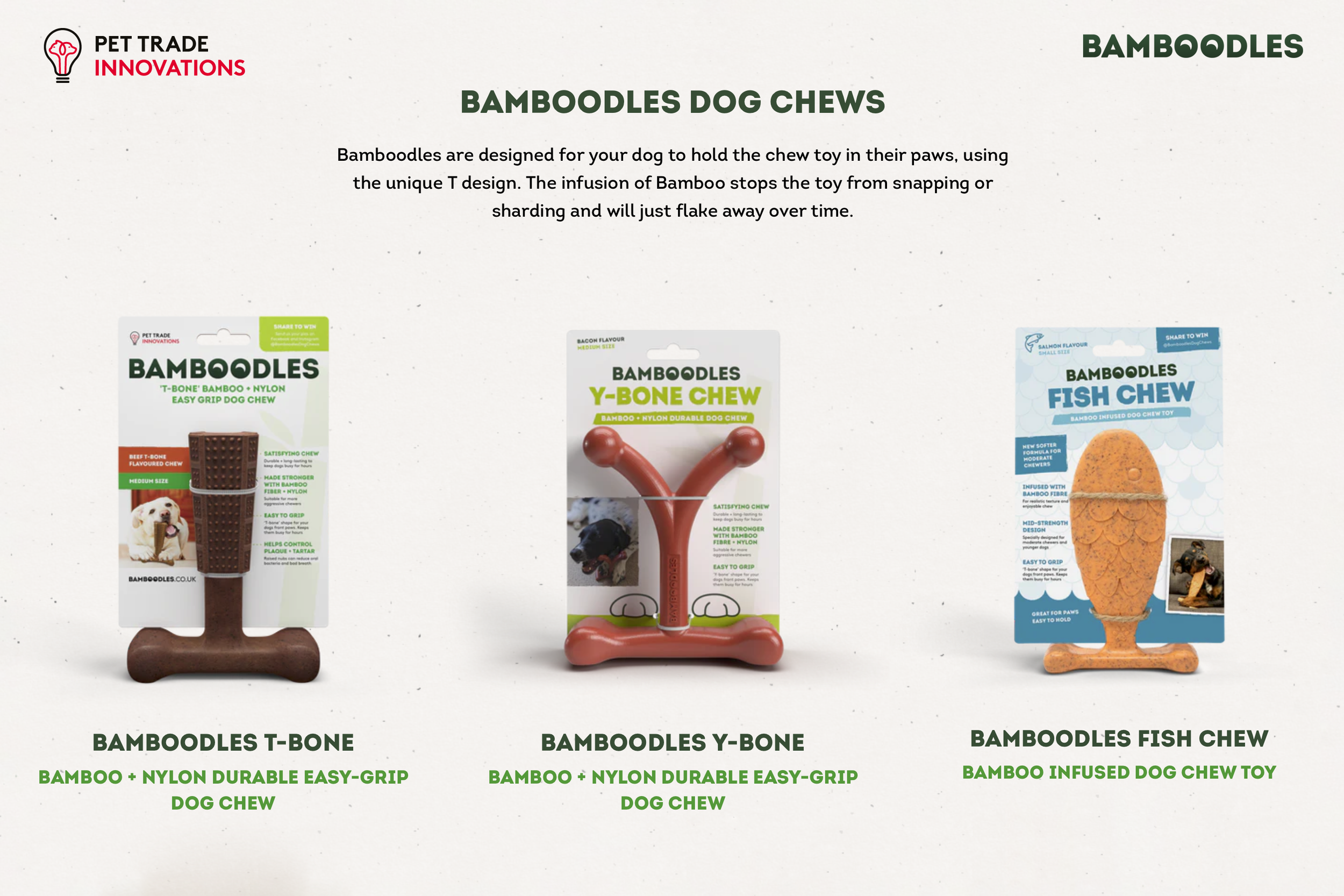Bamboodles dog chew toys featured in a Pet Trade Innovations catalogue, showcasing professional product photography used in commercial advertising and marketing materials for the pet industry.