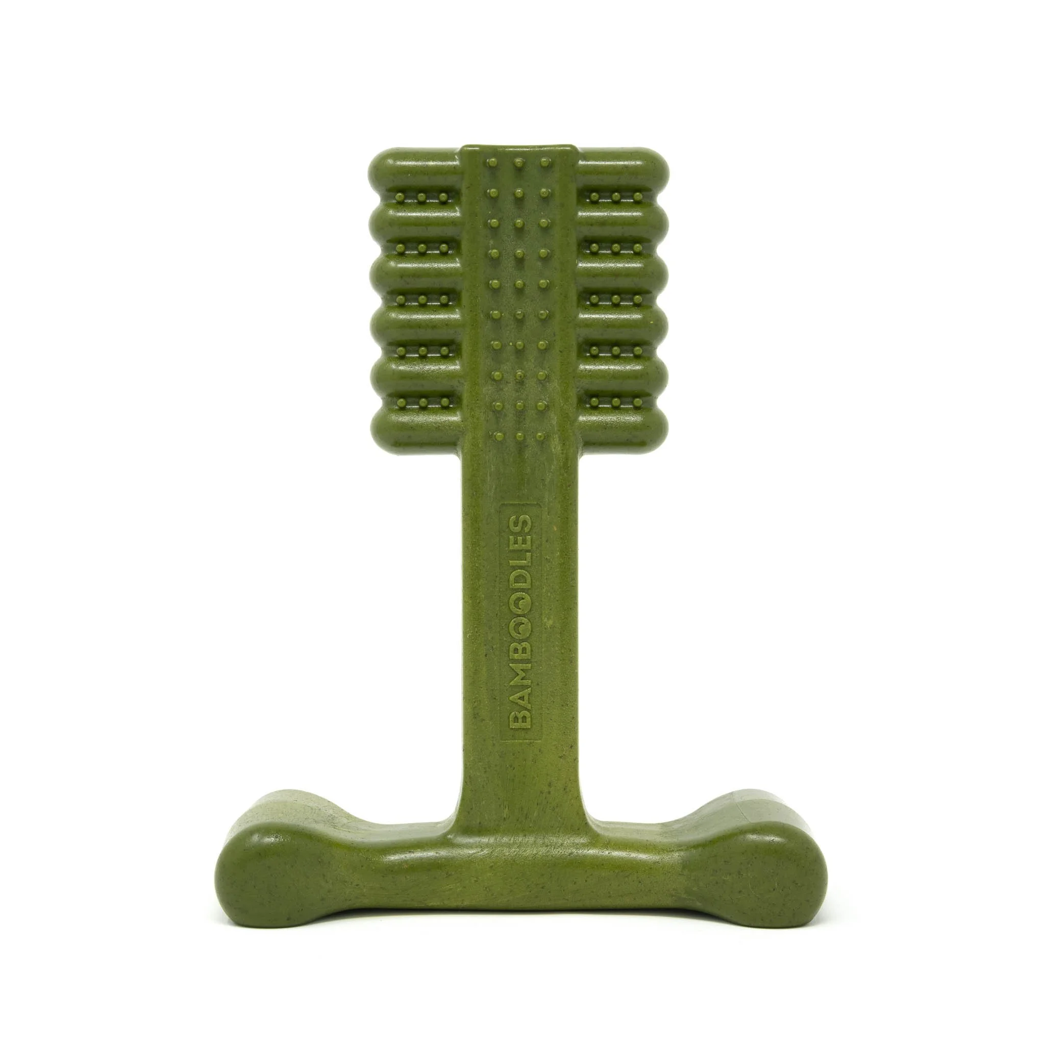 Professional studio product photograph of a mint Bamboodles T-shaped dog chew toy, isolated against a white background to clearly showcase its shape, texture and product details.