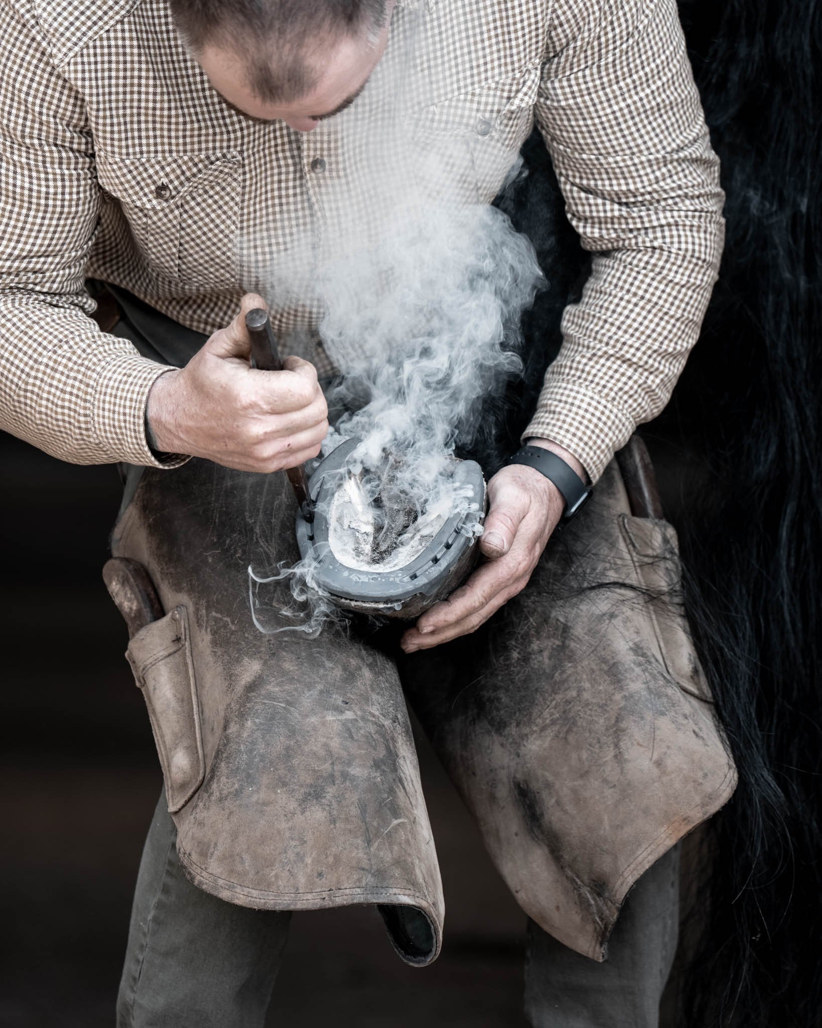 Professional photograph of a farrier working on a horse’s hoof, highlighting precision, technique, and care. Captured by Knightpics Photography to showcase equine industry expertise and commercial photography services for businesses, brands, and trad